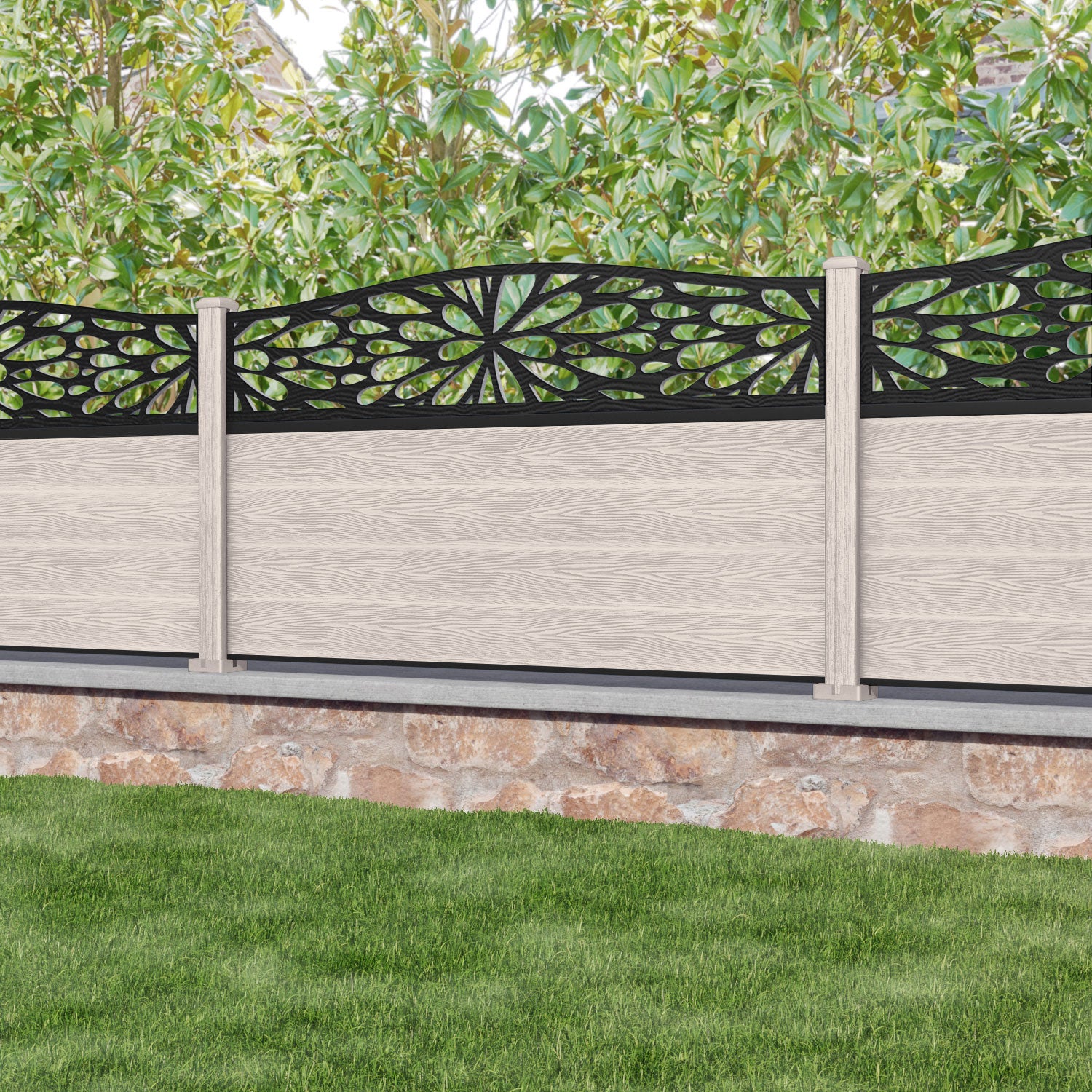Classic Blossom Curved Top Composite Fence Panel in Mid Stone Color - Durable Outdoor Privacy Fence for Garden, Yard, and Backyard Landscaping