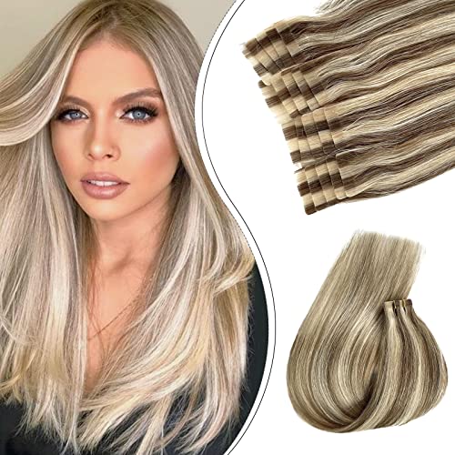 24 Inch Remy Human Hair Extensions - Balayage Ash Brown to Platinum Blonde Straight Tape-In Extensions with Skin Weft & Double-Sided Tape | 70g | Perfect for Daily Wear, Special Occasions & Styling