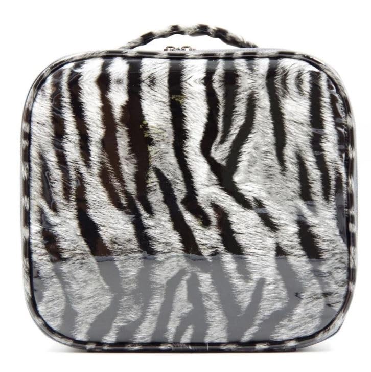 Sunaina Nylon Professional Makeup Organizer Bag with Adjustable Compartments - White Tiger Print Cosmetic Storage Pouch for Travel & Home Use