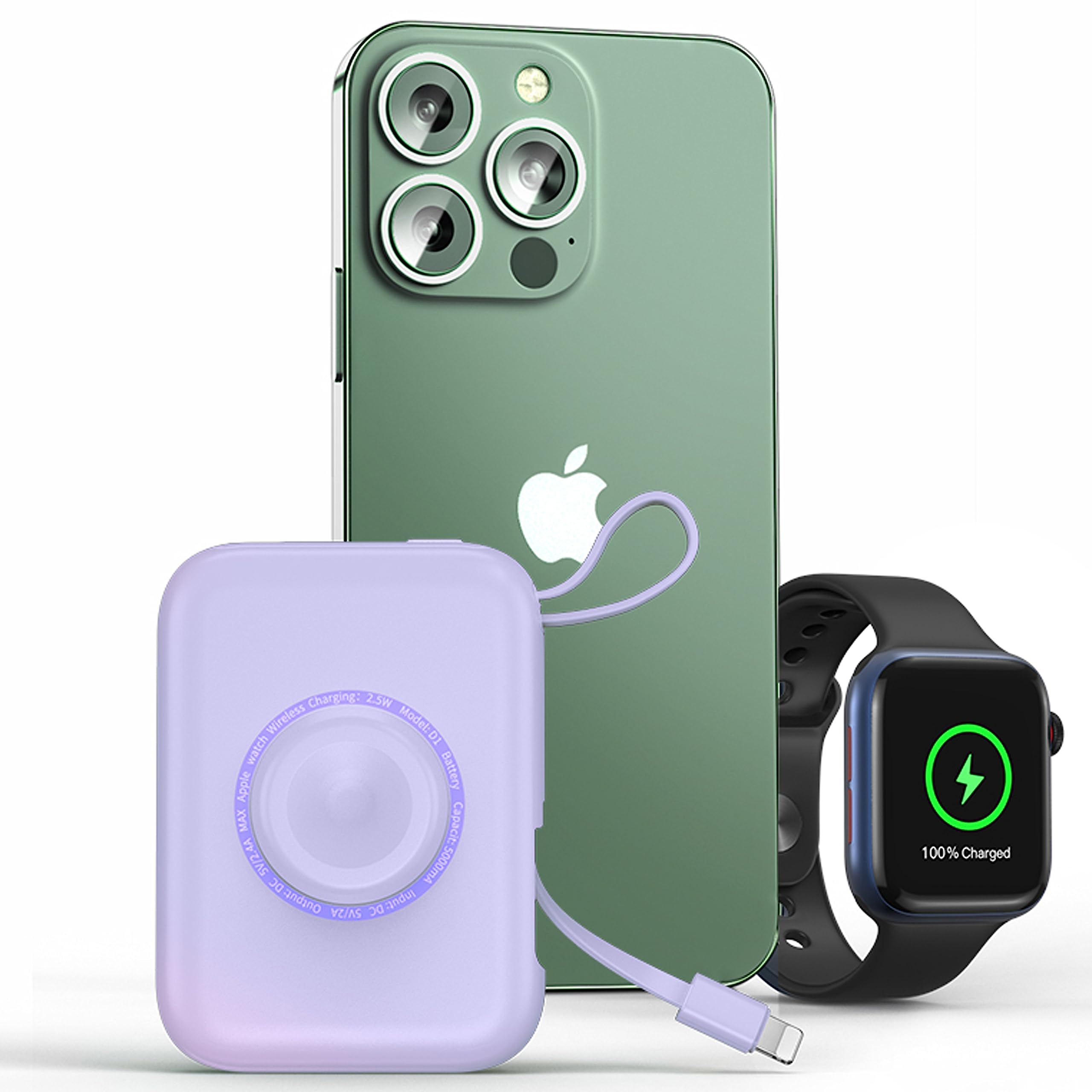 HUOTO 5000mAh Portable Charger with Built-in Cable - Magnetic Power Bank for Apple Watch Series 1-9, iPhone 11/12/13, AirPods & Smartphones | Compact Travel Charger for Gym, Hiking & Business Trips