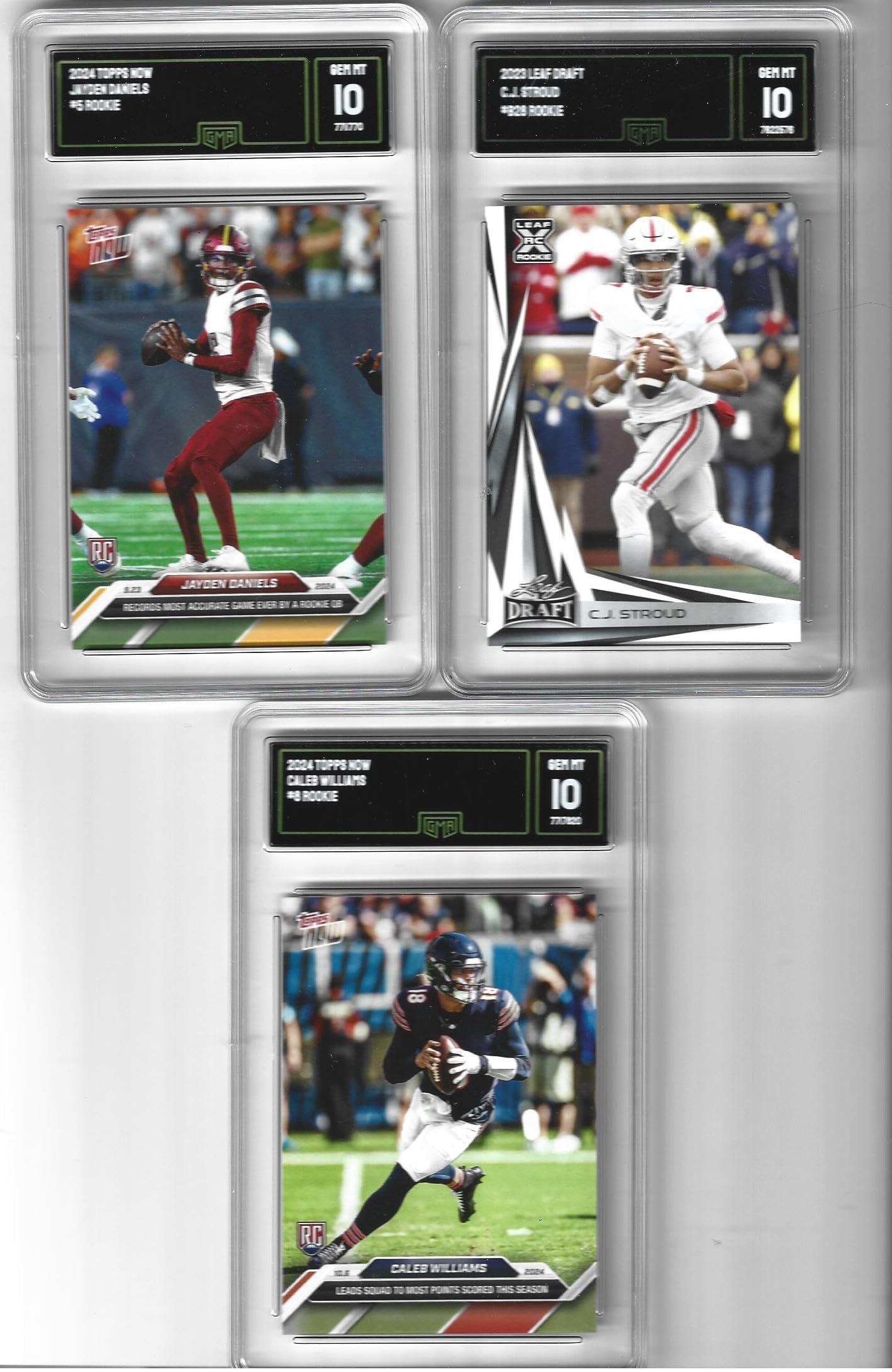 Graded Gem Mint C.J. Stroud Jayden Daniels Caleb Williams 3 Card Football Rookie Lot - Topps & Leaf GMA 10 Superstar Quarterbacks - Complete Set of 3 Cards - Perfect for Collectors, Investors, and Sports Memorabilia Enthusiasts