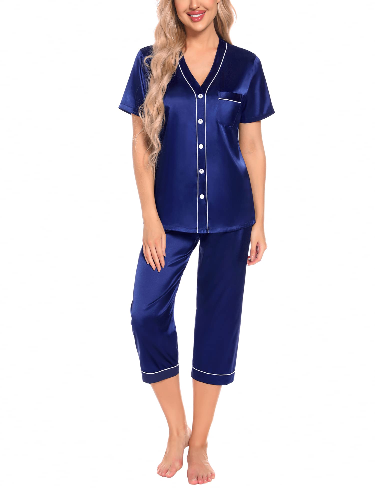 SWOMOG Women's Satin Pajama Set - V-Neck Short Sleeve Top & Capri Pants 2-Piece Lounge Wear | Soft & Comfortable Sleepwear for Nighttime & Relaxation at Home