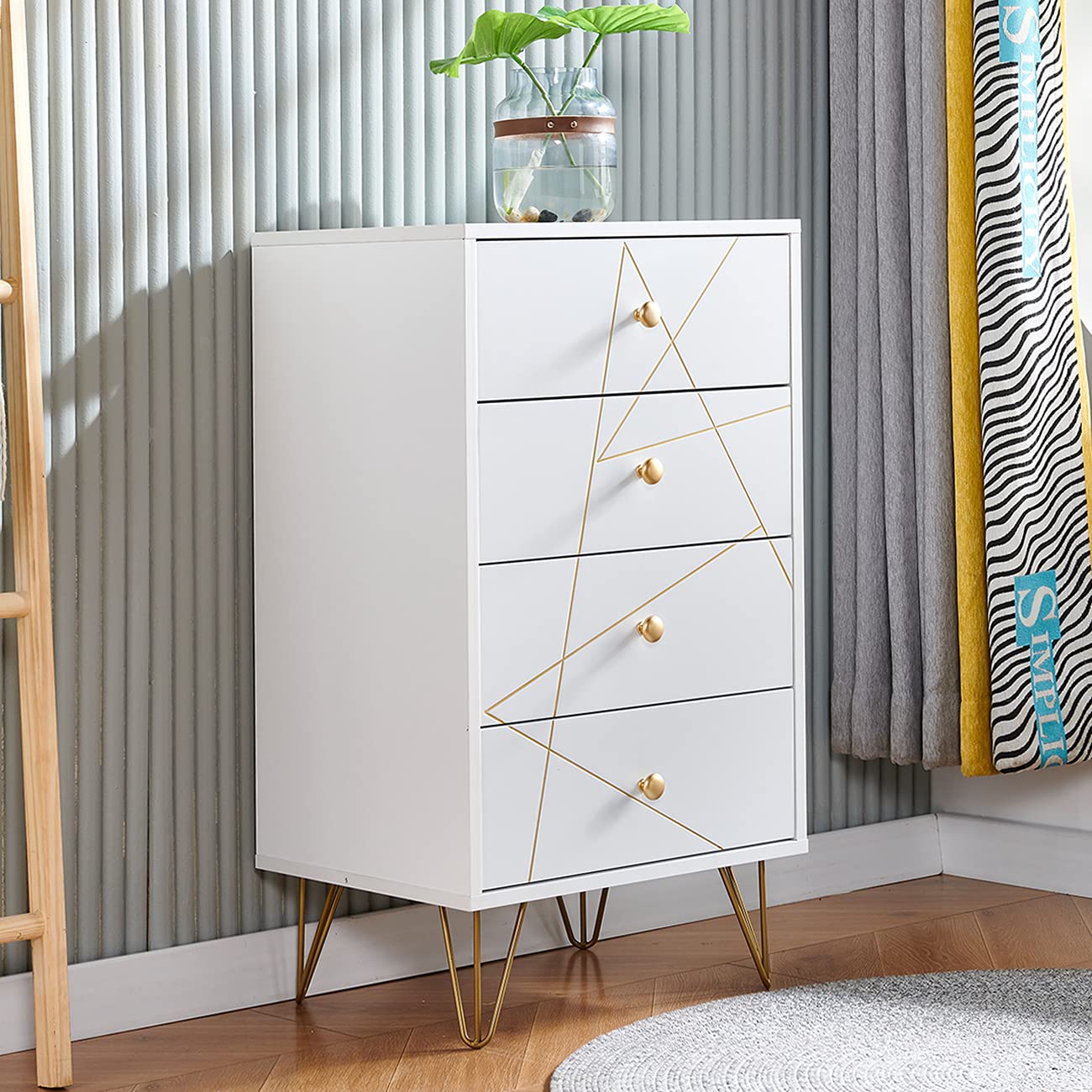 Ansley&HosHo White Wood 4-Drawer Chest - Golden Groove Storage Cabinet, Tall Dresser Tower for Bedroom & Living Room | Home Furniture Organizer for Clothes, Linens & Home Decor