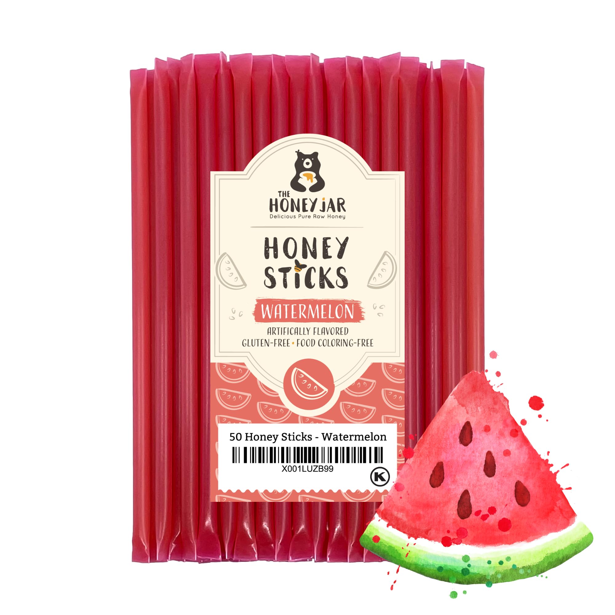 Watermelon Flavored Honey Sticks - Pure Honey Straws for Tea, Coffee & Healthy Snacks - 1 Tsp per Stick - Made in USA with Real Honey - 50 Count - Perfect for Office, Travel & Kids Lunchboxes