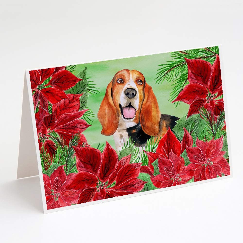 Basset Hound Poinsettia Greeting Cards - Pack of 8 Blank A7 Note Cards with Envelopes (5x7 Inches) | Whimsical Dog Christmas Stationery for Holiday Greetings, Thank You Notes & Gift Cards