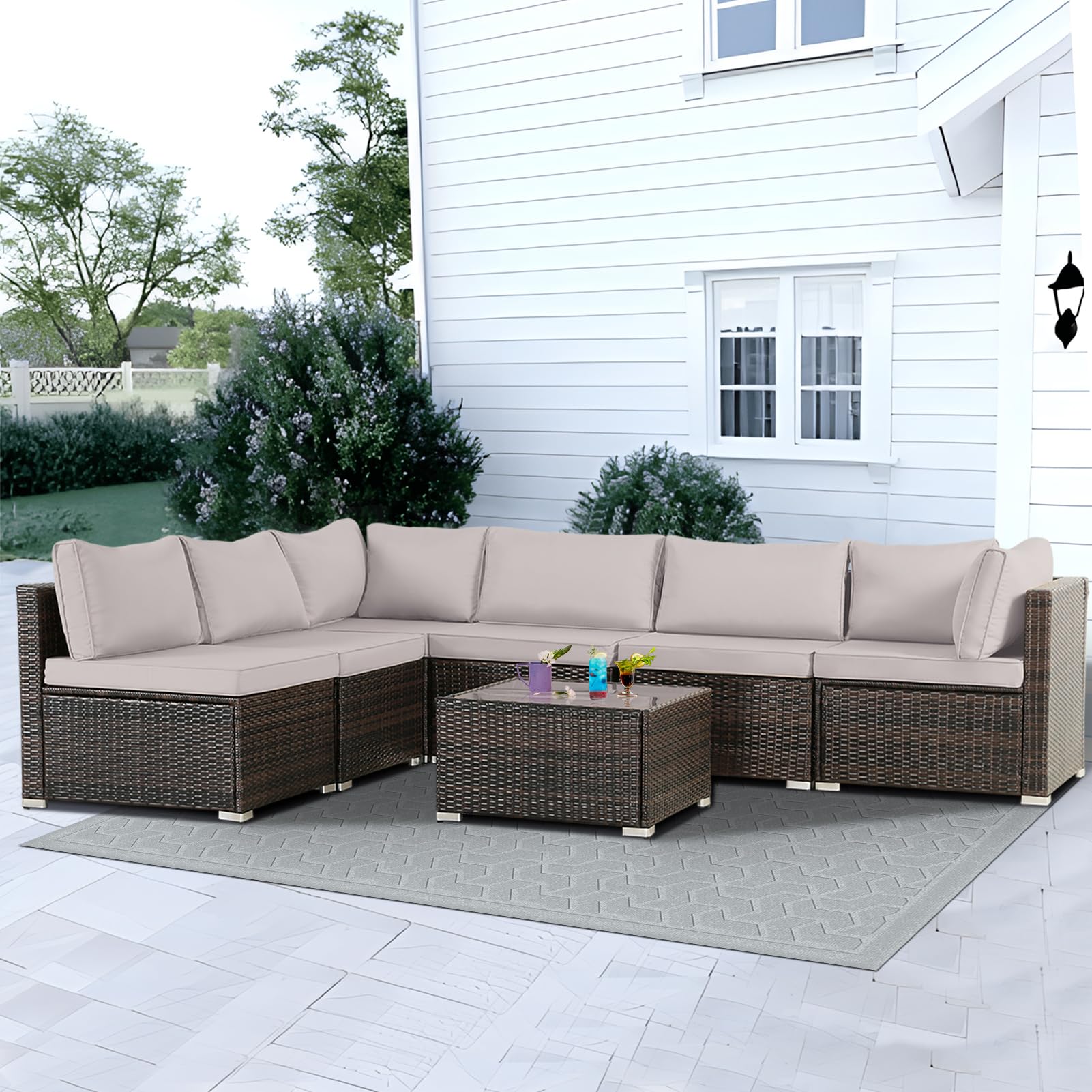 7-Piece All-Weather Wicker Patio Furniture Set with Padded Cushions - Outdoor Sectional Sofa Conversation Set for Poolside, Balcony, Backyard (Brown Wicker/Grey Cushion) - Perfect for Relaxing, Entertaining & Outdoor Dining