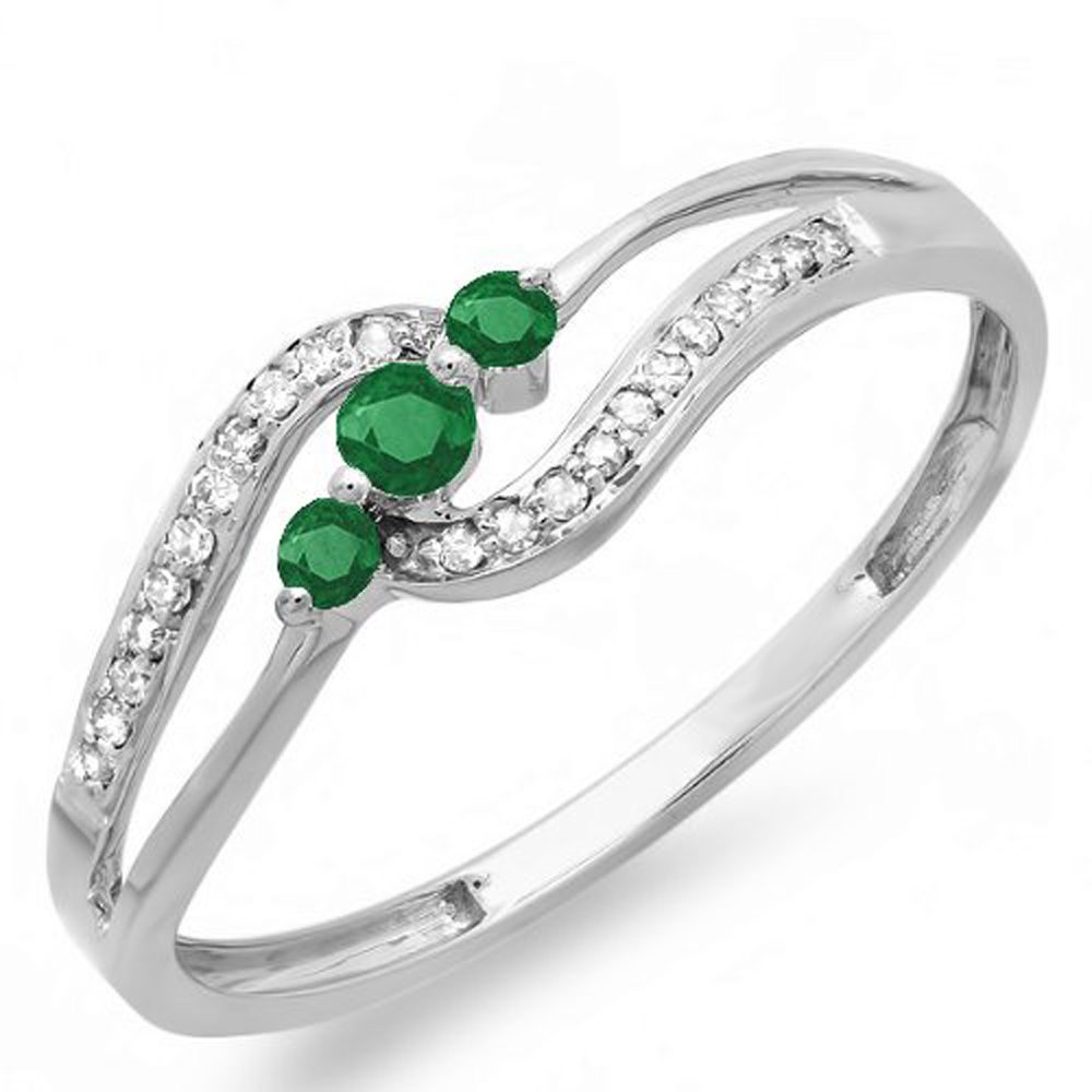 Dazzlingrock 10K White Gold Round Emerald & Diamond Women's 3-Stone Engagement Promise Ring - Perfect for Proposals, Anniversaries & Special Occasions
