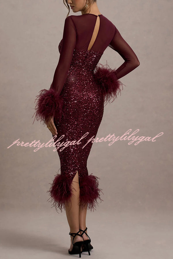 Glamorous Mesh Sequin Patchwork Feather Trim Stretch Midi Dress for Women - Perfect for Evening Parties, Prom, Cocktail Events & Special Occasions