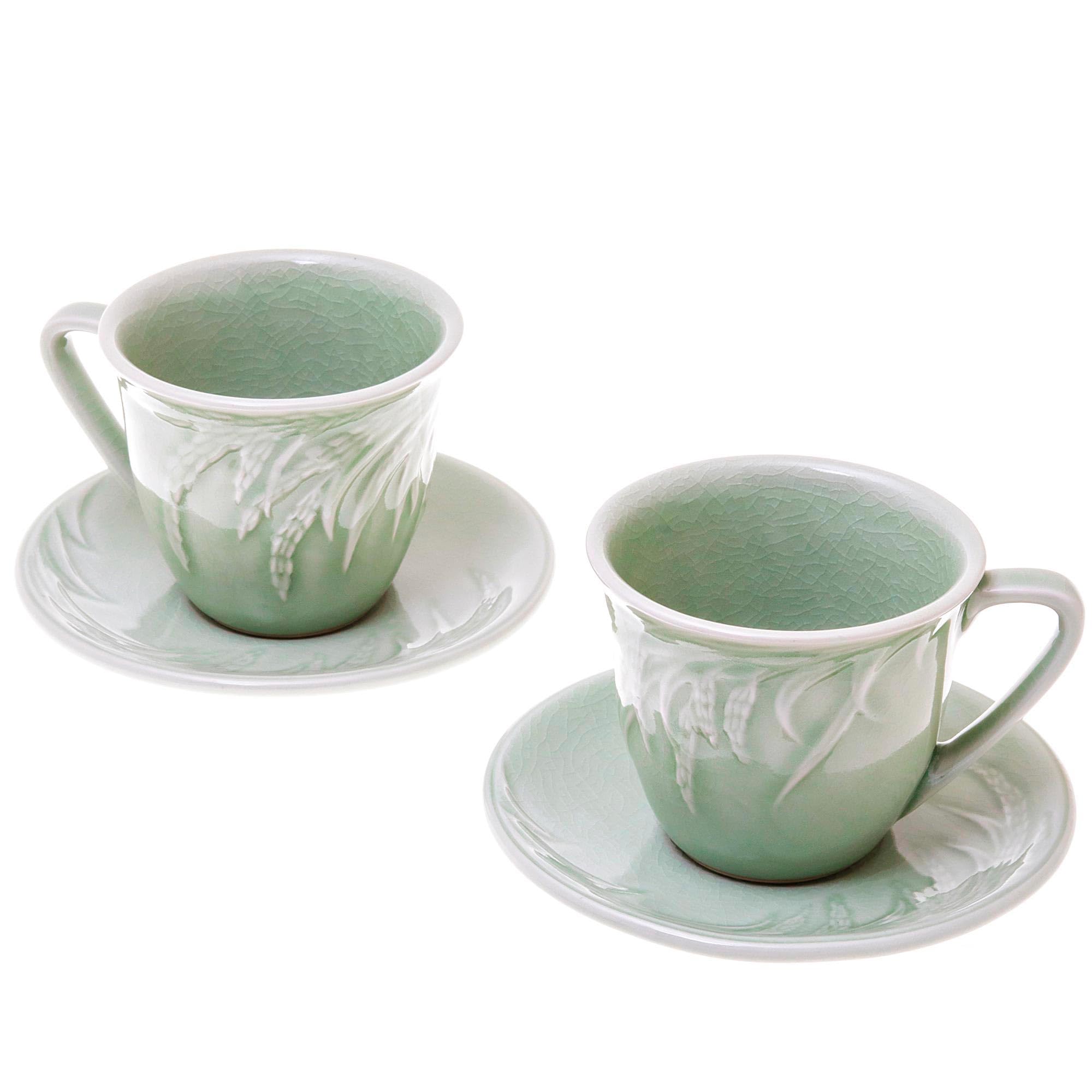NOVICA Handmade Ceramic Cup and Saucer Set - Celadon Green Tea Cups with Saucers - Thai Artisan Tableware - 8 oz Cups (3.2