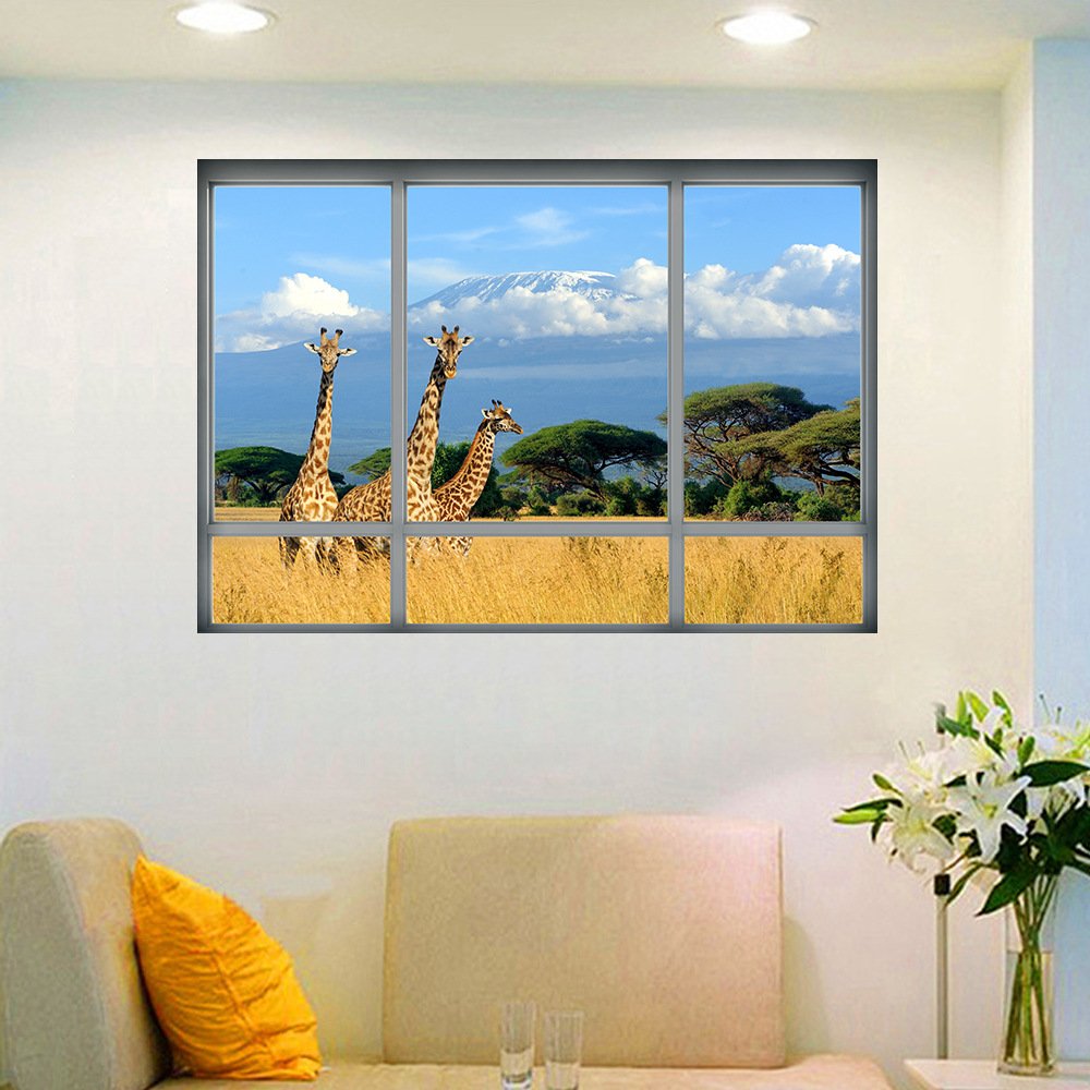 DNVEN 28x20 Inch 3D Fake Window Decal - Realistic Giraffe Animal Wall Sticker for Bedroom, Living Room & Playroom Decor | High Definition Vinyl Mural | Easy Peel & Stick Wall Art for Kids Room & Nursery