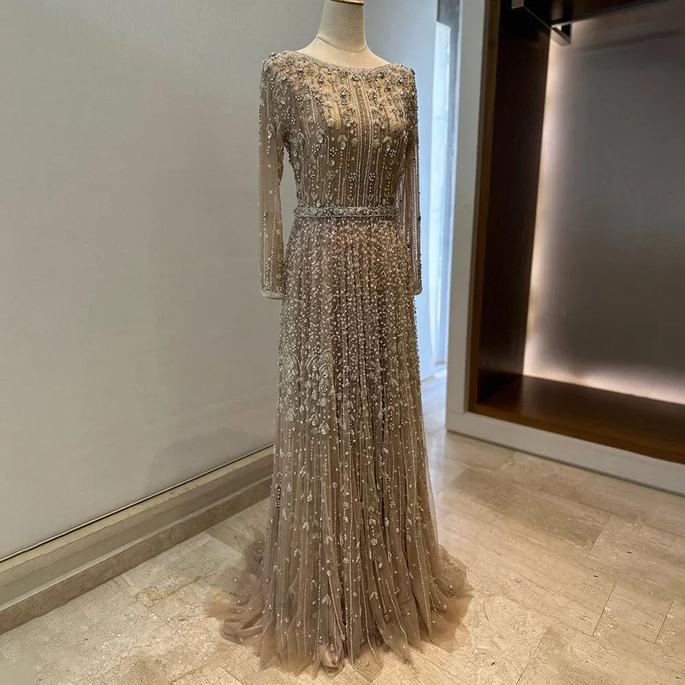 Luxury Dubai Arabic Designer Beaded A-Line Evening Gown for Women - Elegant Nude Wedding & Party Dress LA72088 | Perfect for Formal Events, Galas & Special Occasions