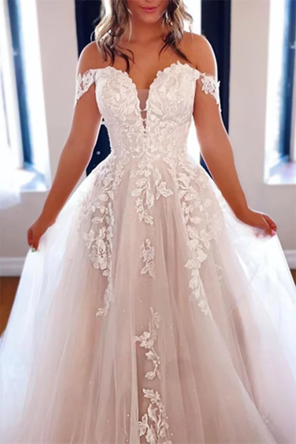 Plus Size A-Line Off Shoulder V-Neck Wedding Dress with Lace Appliques & Tulle Skirt – Elegant Bridal Gown for Beach, Church, and Formal Weddings