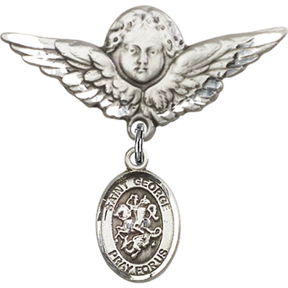Sterling Silver Baby Badge with St. George Charm & Angel Wings Pin - 1 1/8