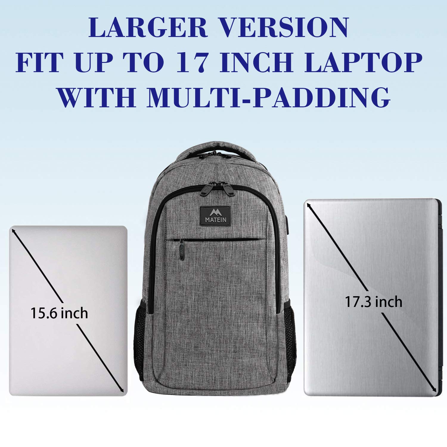 Matein 17 Inch Large Travel Laptop Backpack with USB Charging Port - Water Resistant Anti-Theft Business Backpack for Men & Women - Perfect for Work, College, Commuting & Daily Use - Grey