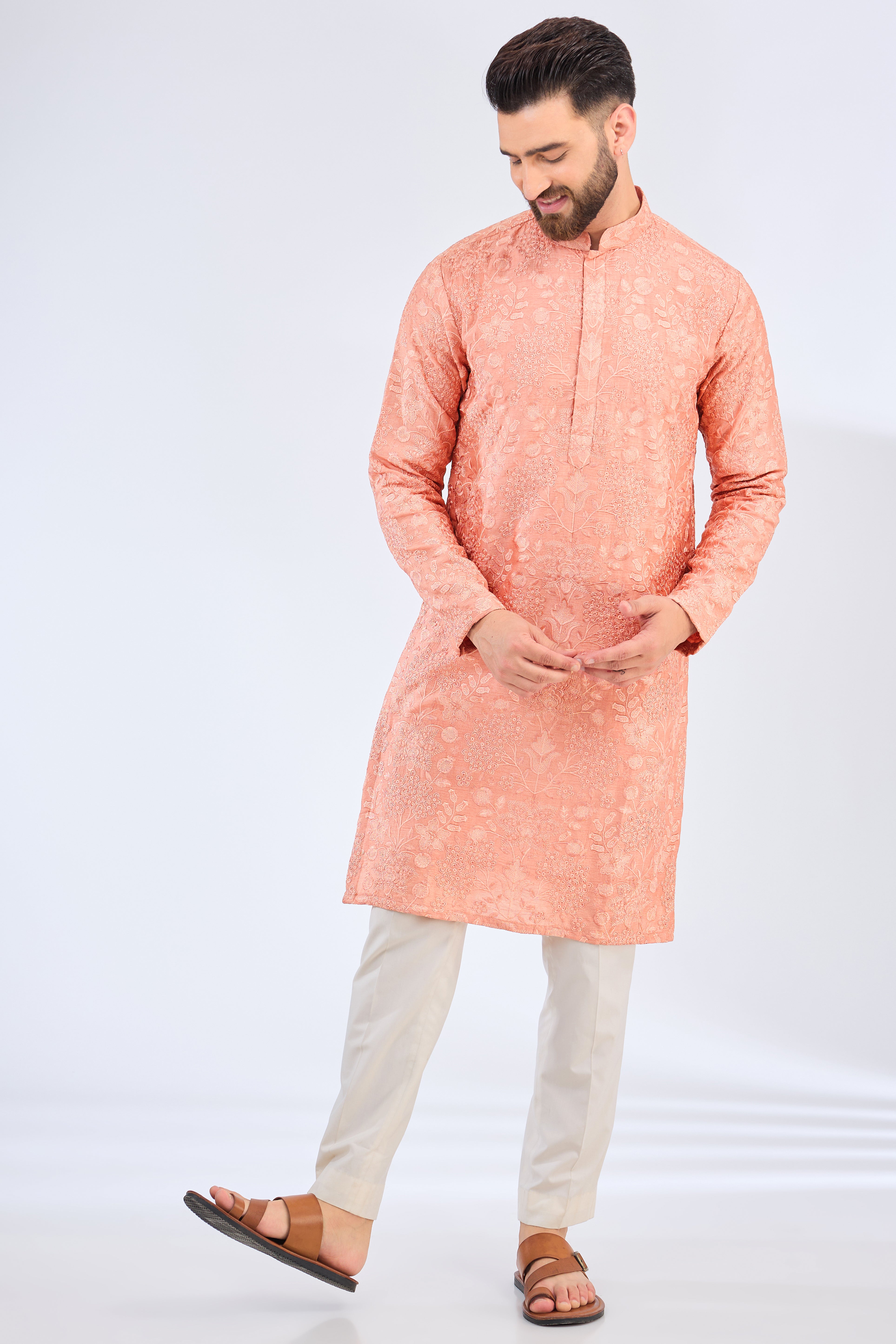 Stylish Peach Floral Thread Work Kurta for Women - Perfect for Festivals, Parties & Casual Wear