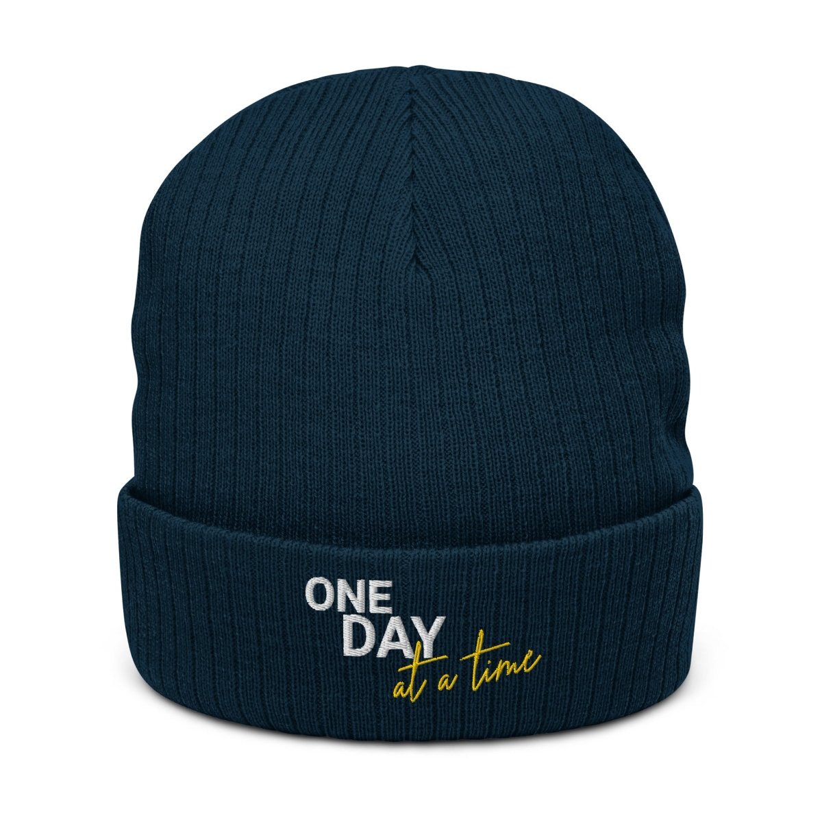 Sustainable 'One Day at a Time' Ribbed Knit Beanie - Eco-Friendly Winter Hat for Men & Women - Perfect for Outdoor Activities, Hiking, and Cold Weather Fashion
