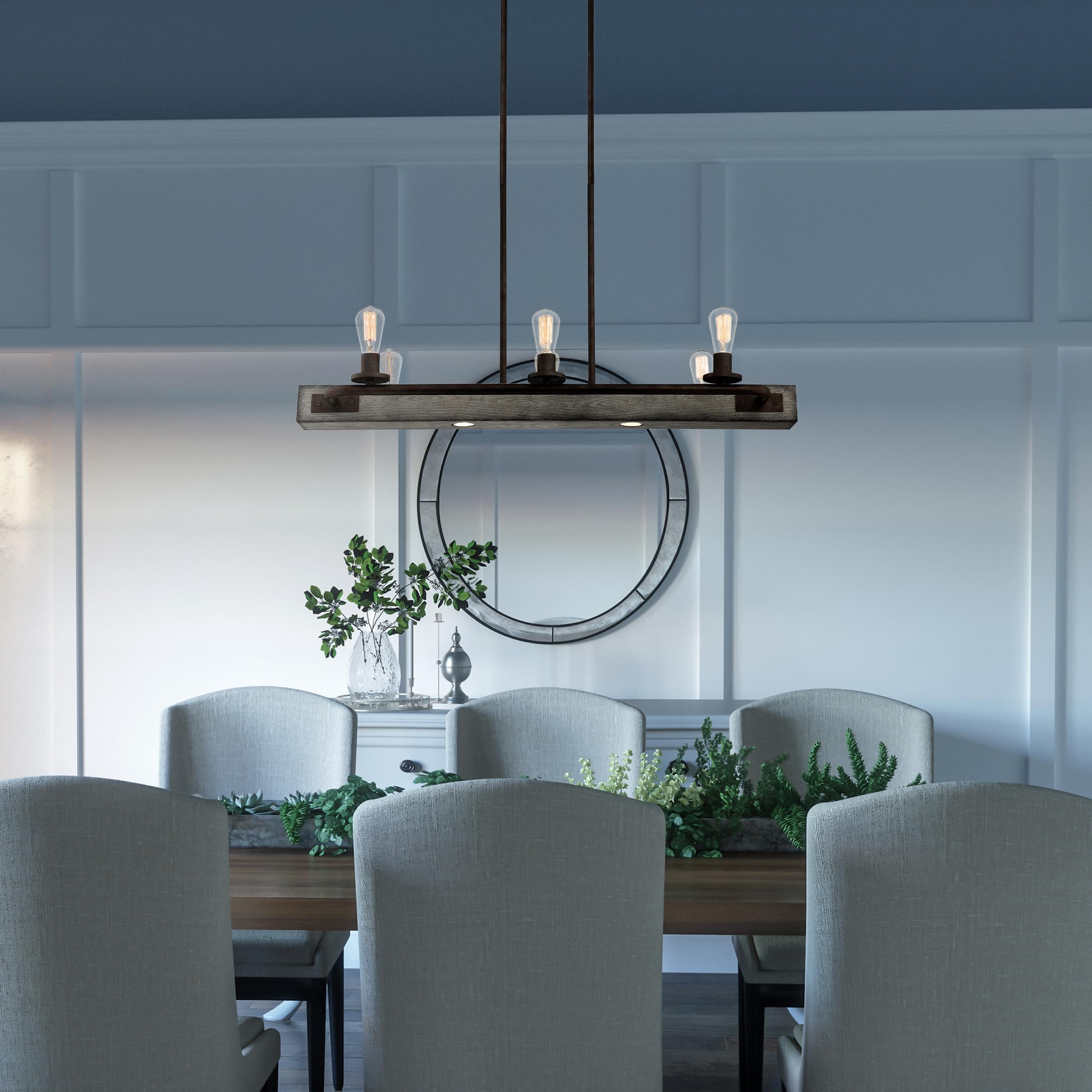 Quoizel Melville 6-Light Iron Gate Linear Chandelier - Modern Farmhouse Ceiling Light Fixture for Dining Room, Kitchen Island & Entryway