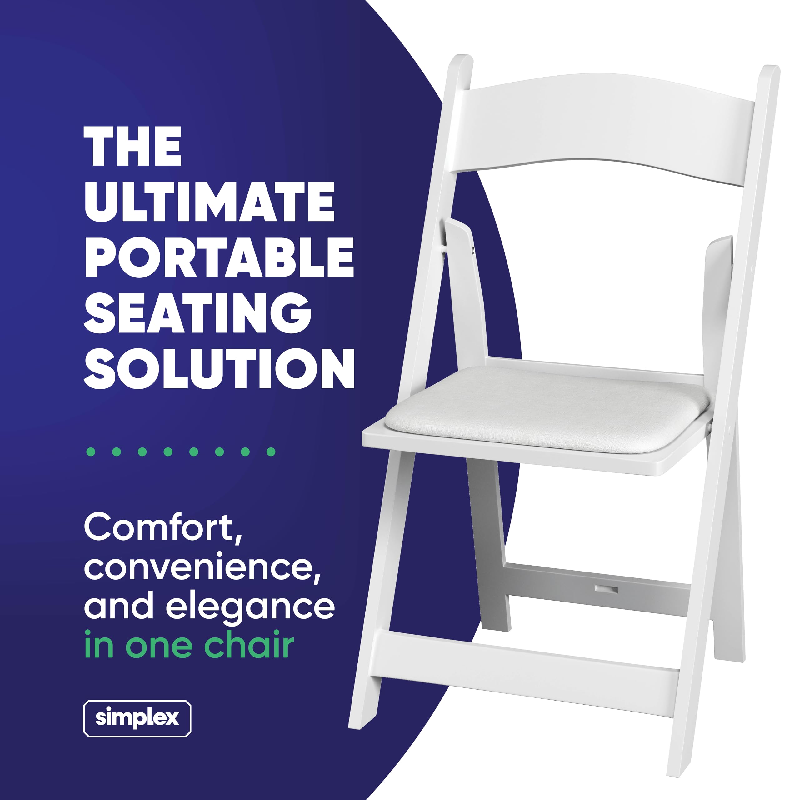 SIMPLEX 4-Pack White Resin Folding Chairs with Padded Seats - Comfortable Stackable Indoor Outdoor Chairs for Weddings, Parties, Picnics & Events - Lightweight Portable Foldable Chairs for Home, Garden, Camping & Patio Use