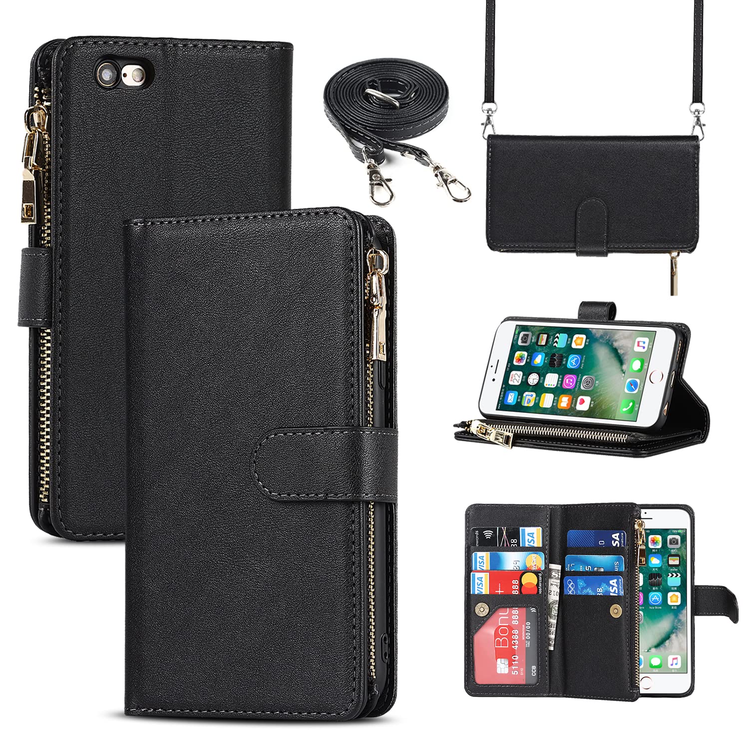 Premium Leather Magnetic Wallet Case for iPhone 6 Plus/6s Plus - Slim Protective Cover with Card Holder & Strap Stand (Black) | Perfect for Work, Travel & Everyday Use - Ideal Gift for Men & Women