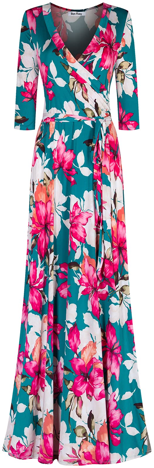 Women's 3/4 Sleeve V-Neck Printed Maxi Wrap Dress - Floral Summer Dress for Easter, Mother's Day & Festivals - Green Flowy Midi Dress for Casual Outings, Beach Vacations & Special Occasions