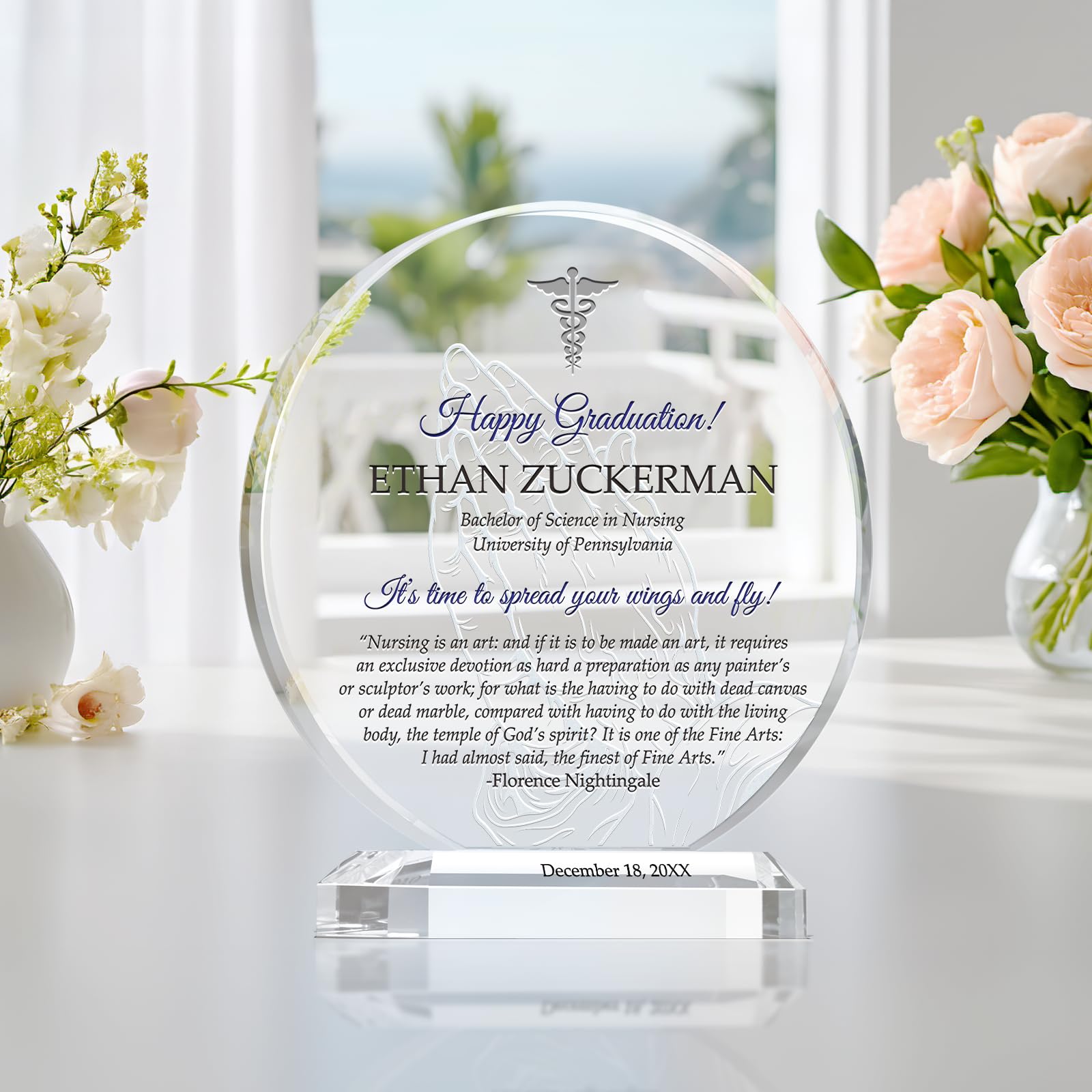 Custom Engraved Crystal Nurse Graduation Gift Plaque - Personalized with Name, School & Degree - 8