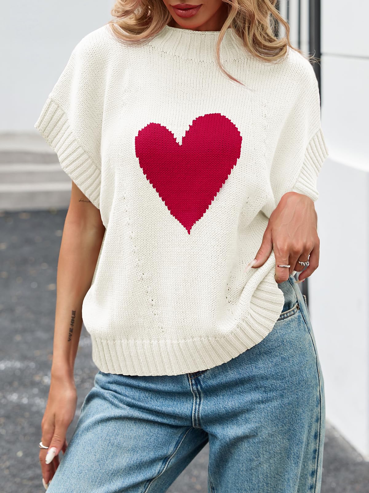 Saodimallsu Women's Heart Print Cropped Sweater - Mock Neck Cap Sleeve Knit Top for Valentine's Day, Date Night & Casual Wear