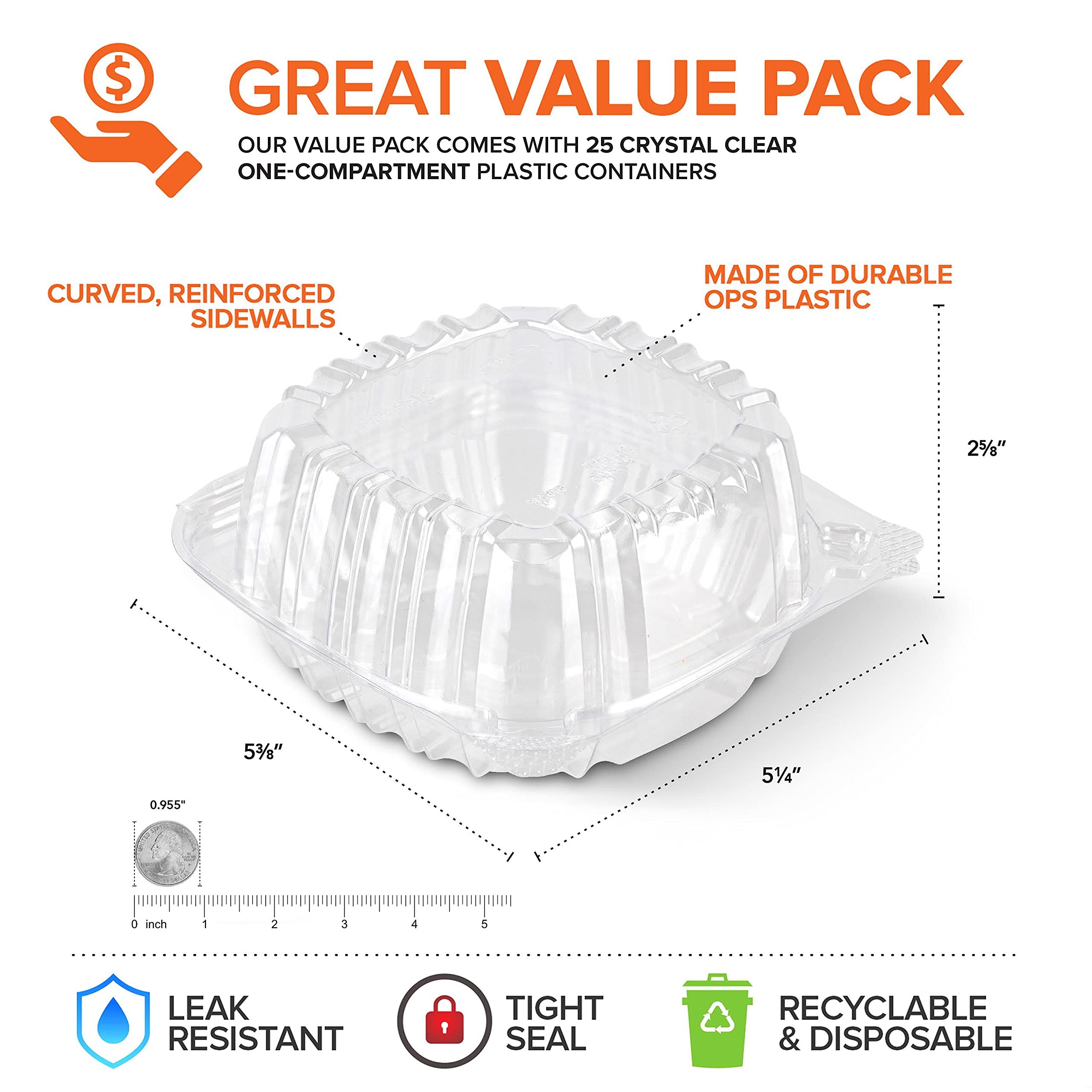 Eco-Friendly Disposable Plastic Takeout Containers with Clear Hinged Lids - 25 Pack Square Clamshell Food Boxes for Restaurant, Catering & Home Use - Perfect for Cakes, Desserts, Sandwiches & Party Snacks - Microwave Safe & Leak-Proof Design