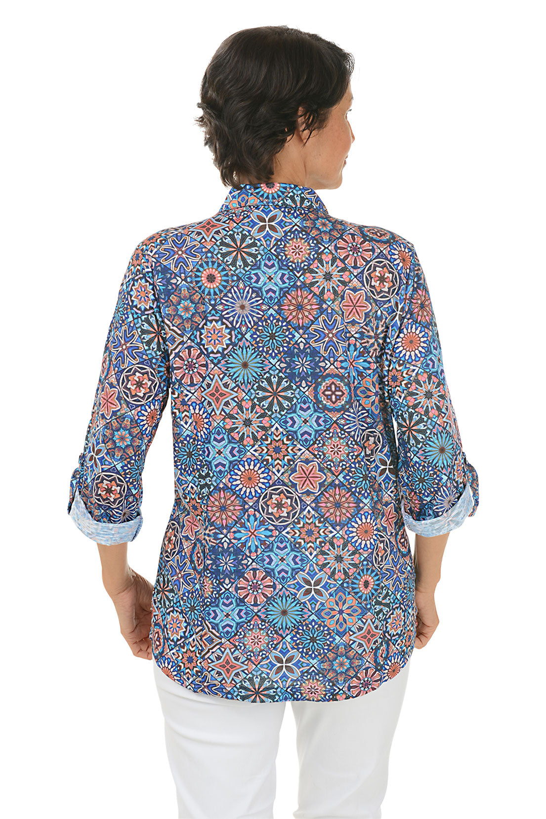 Cathedral Glass Roll Tab Knit Shirt - Women's Vintage Button Down Top for Casual Wear & Office Outfits