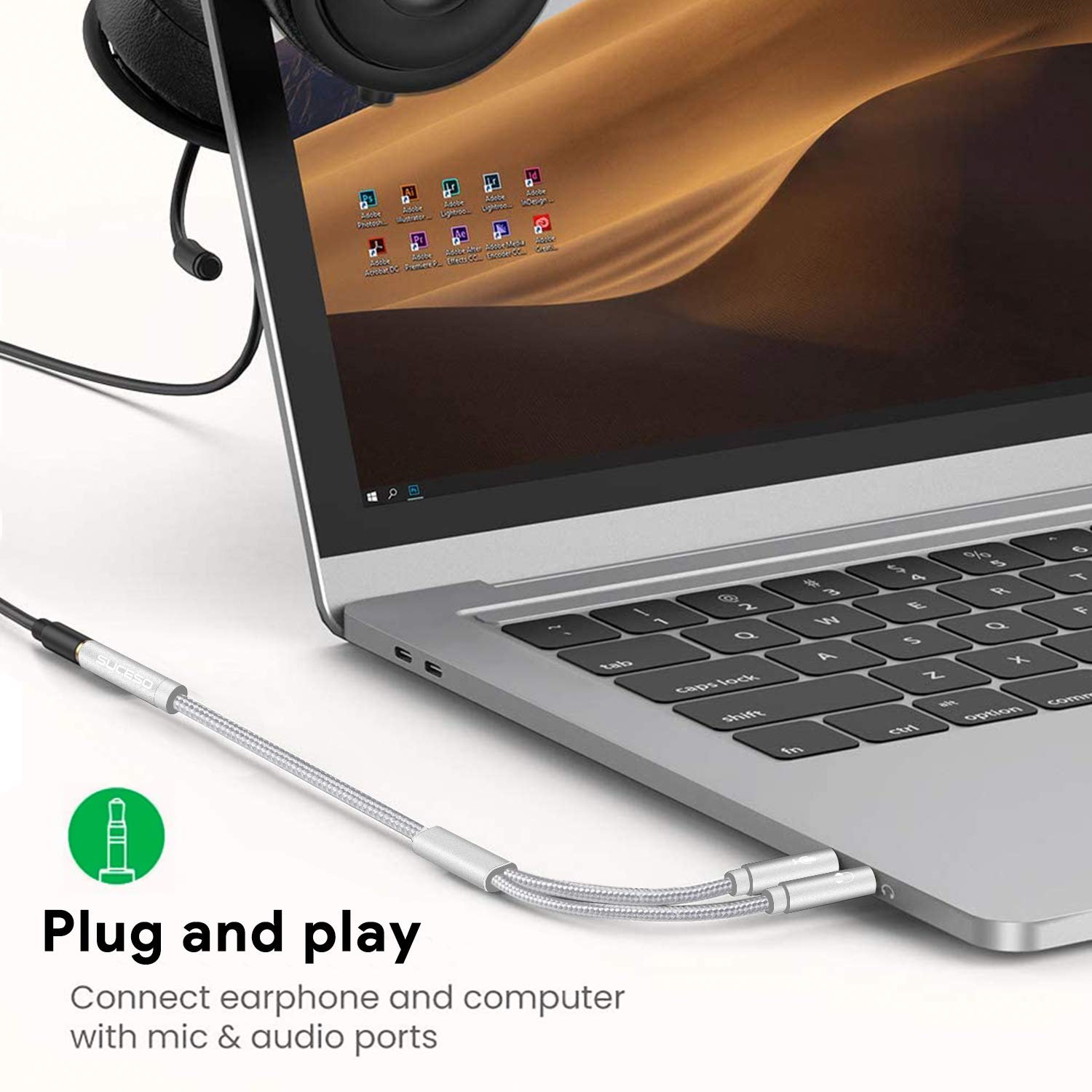 SUCESO 3.5mm Headphone Mic Splitter Cable - CTIA Standard Headset Adapter, Female to Dual Male Audio Y Splitter for PC, Xbox, Gaming Headsets & Speakers (35cm, Silver) - Perfect for Multiplayer Gaming & Conference Calls