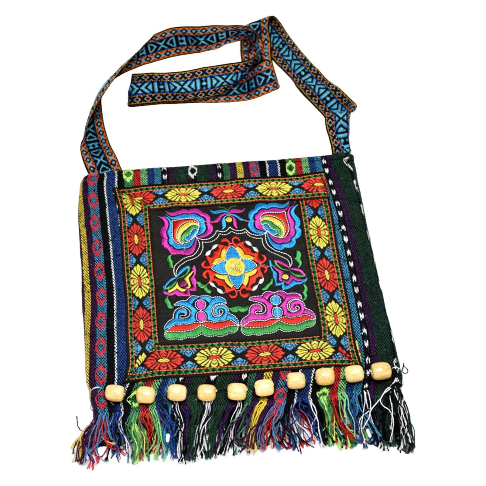 KOZEEY Ethnic Tribal Embroidered Shoulder Bag with Zipper Closure & Tassel - Boho Crossbody Purse for Women, Vacation, Party, Beach & Festival Accessories | Perfect for Travel, Shopping & Outdoor Adventures