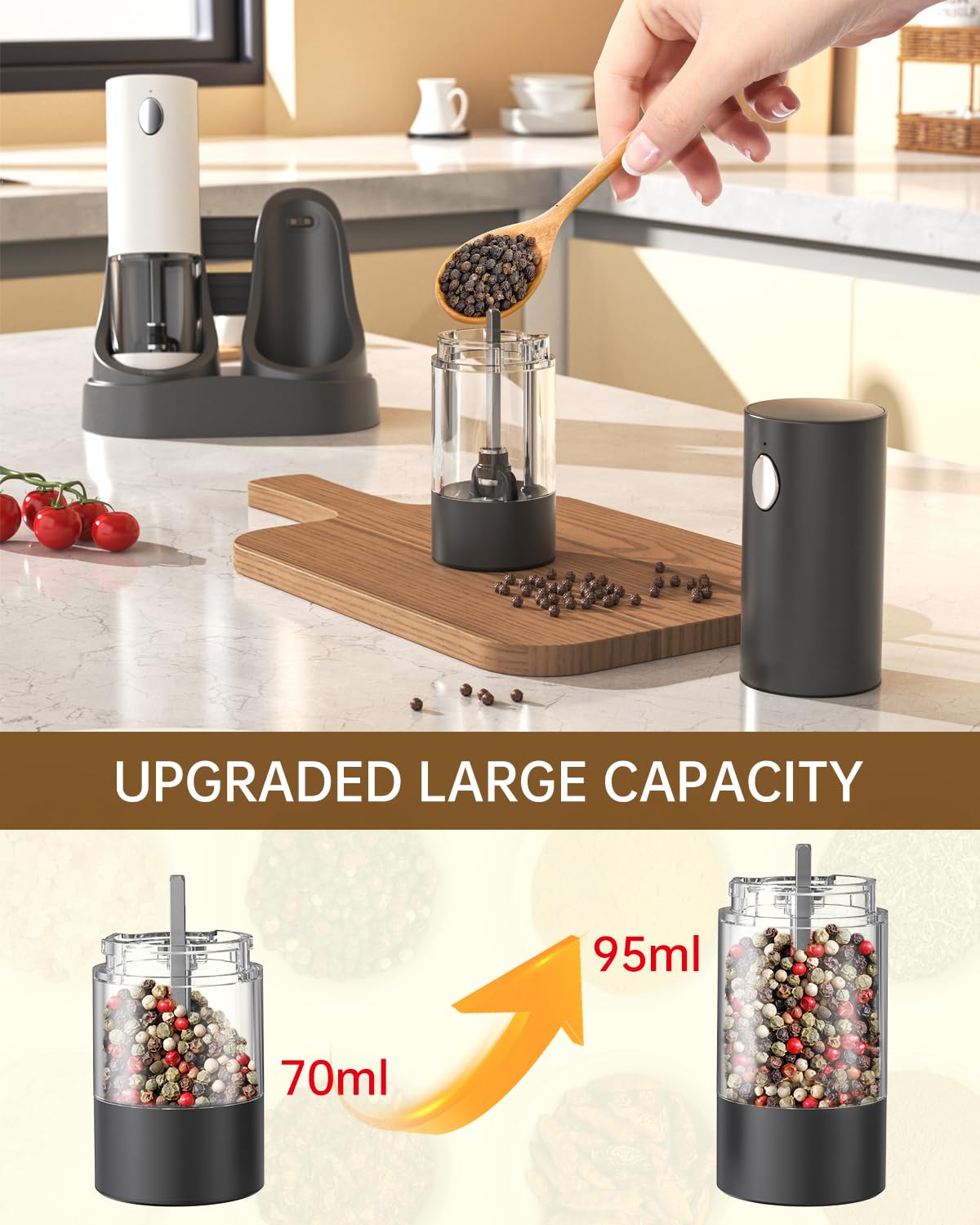 Premium Electric Salt and Pepper Grinder Set - USB Rechargeable with Adjustable Coarseness, LED Light & Charging Base - White & Black - Perfect for Kitchen, Dining Table & Gourmet Cooking