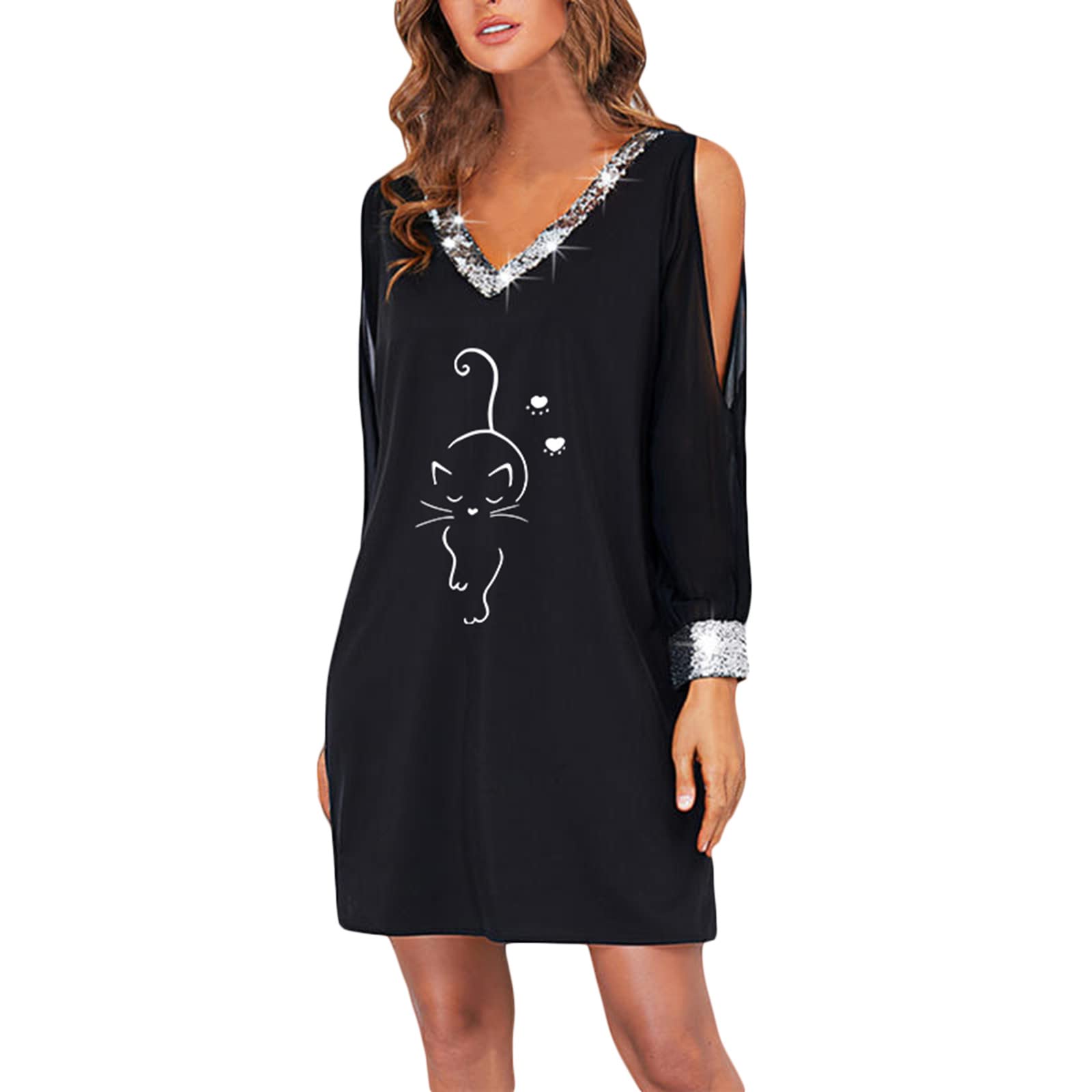 Boho Dress 2023 for Women - V Neck Paillette Long Sleeve Printed T-Shirt Dress, Off Shoulder Elegant & Sexy Style | Perfect for Beach Vacations, Date Nights & Summer Parties