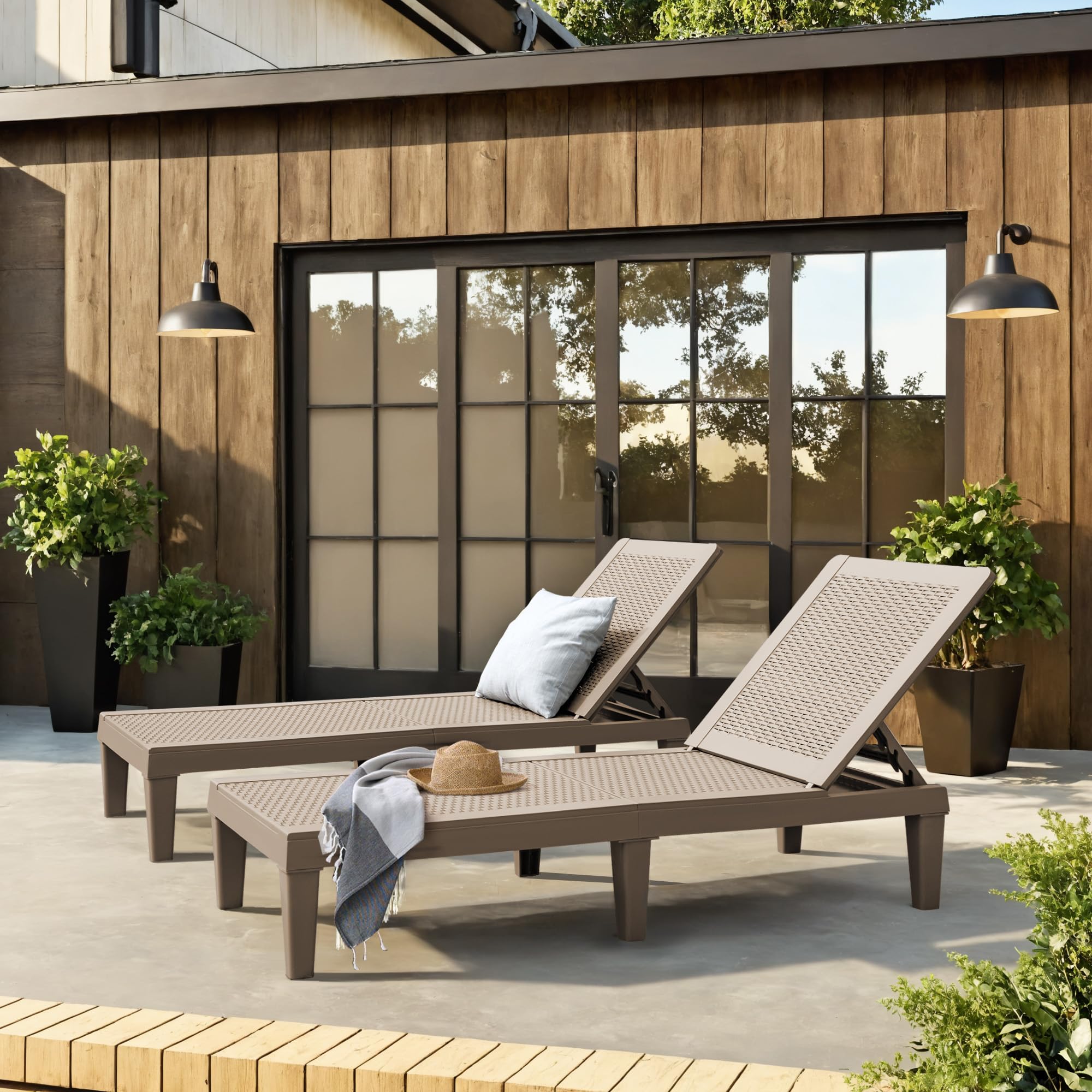 JUMMICO 2-Pack Adjustable PE Waterproof Patio Chaise Lounge Chairs - Light Brown Outdoor Recliners for Pool, Garden, Deck & Beach - Easy Assembly Weather-Resistant Sunbathing Furniture