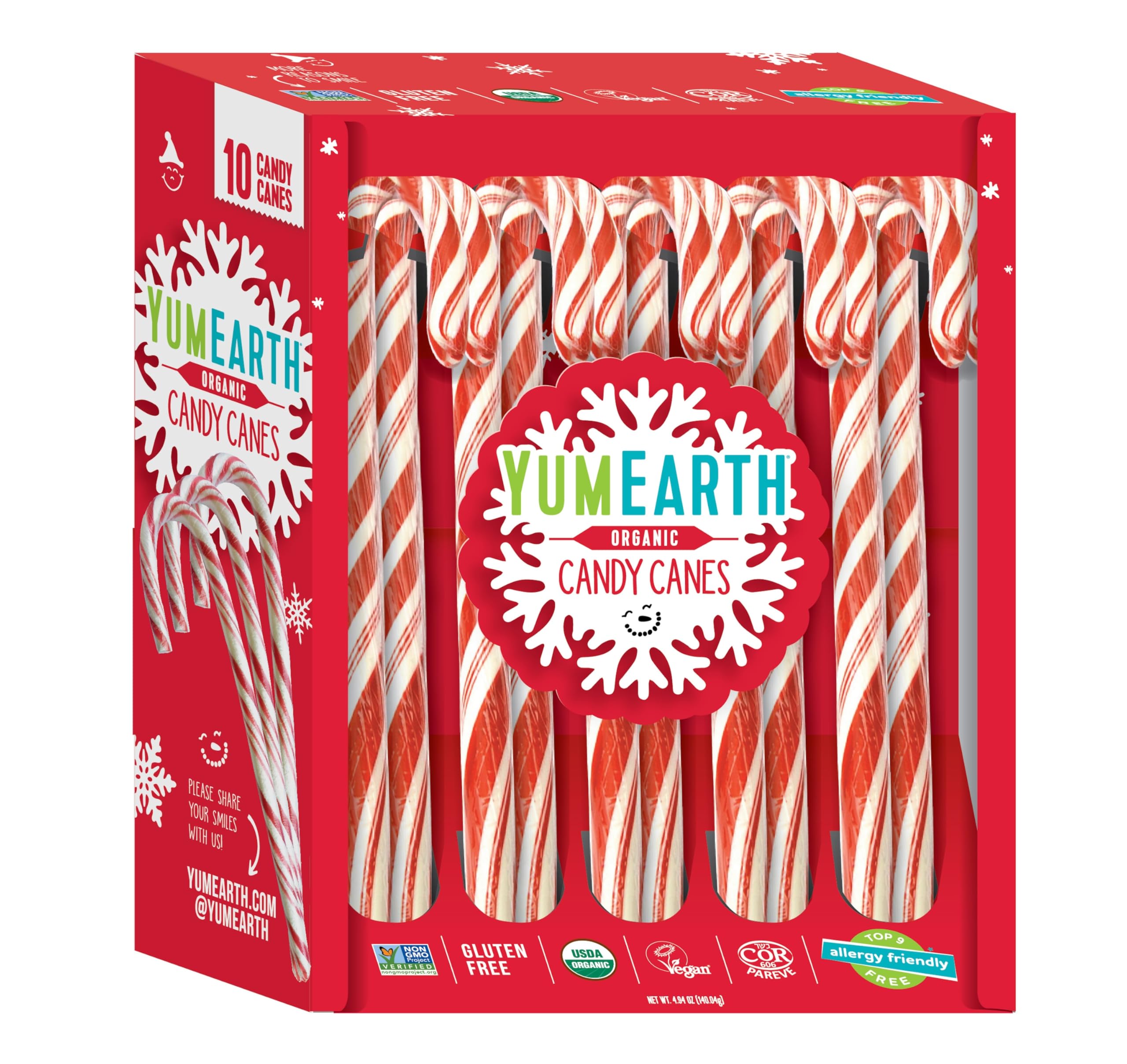 YumEarth Organic Candy Canes - 10 Individually Wrapped Full Size Peppermint Candy Canes - Allergy Friendly, Non-GMO, Gluten Free, Vegan - Perfect for Christmas Stockings, Holiday Parties & Gifts