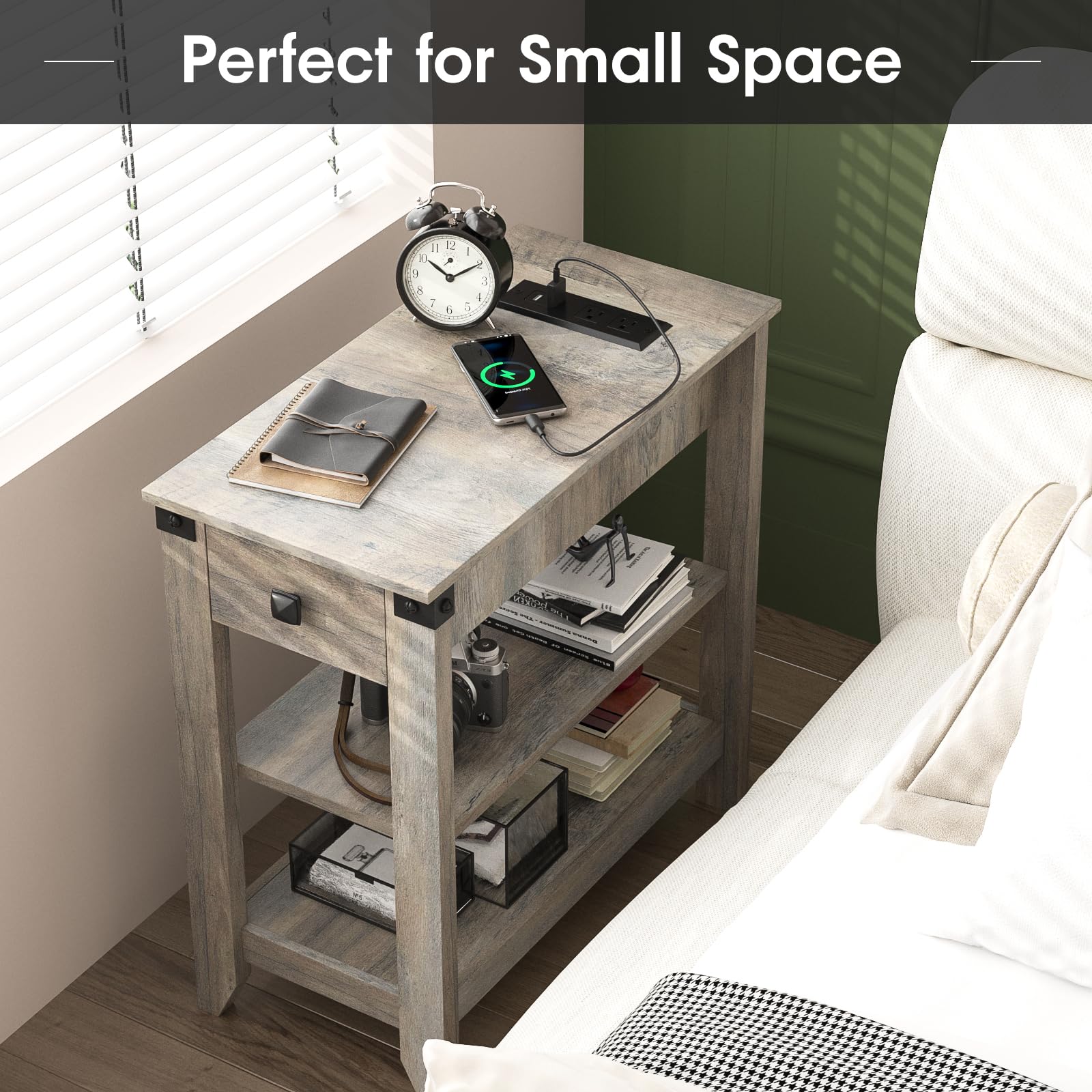 Set of 2 Narrow End Tables with Charging Station & Storage Drawer - Rustic Grey Small Side Tables for Living Room, Bedroom Nightstand - Perfect for Small Spaces, Apartments & Dorm Rooms
