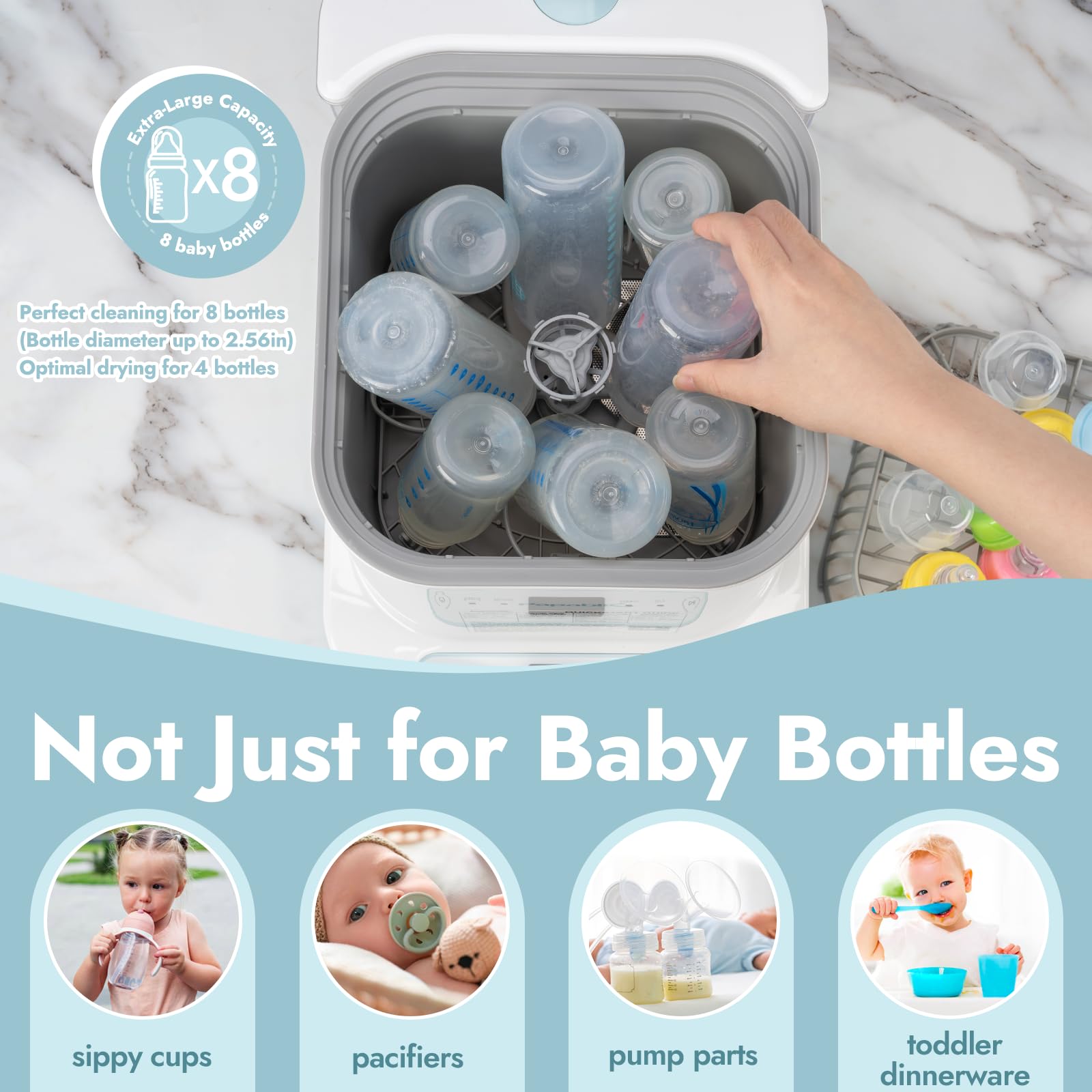 Papablic 4-in-1 Baby Bottle Washer Sterilizer Dryer | Automatic Bottle Cleaner for Baby Bottles, Pump Parts & Accessories | Includes 60 Detergent Tablets | Perfect for Newborn Care & Busy Parents