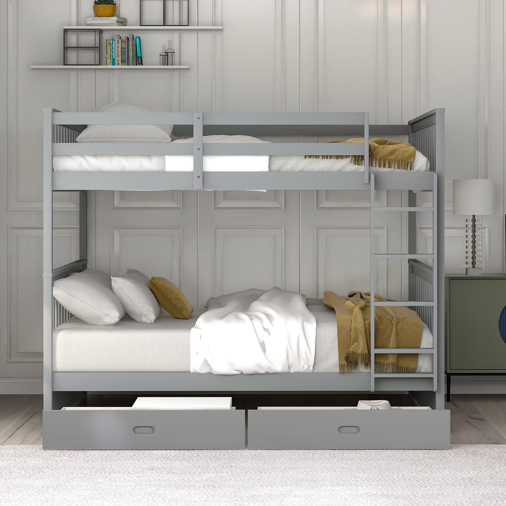 Harper & Bright Designs Full Over Full Bunk Bed with 2 Drawers - Solid Wood Platform Bed with Ladder, Full Length Guardrail & Headboard - No Box Spring Needed - Grey - Space Saving Kids Bedroom Furniture for Siblings or Sleepovers