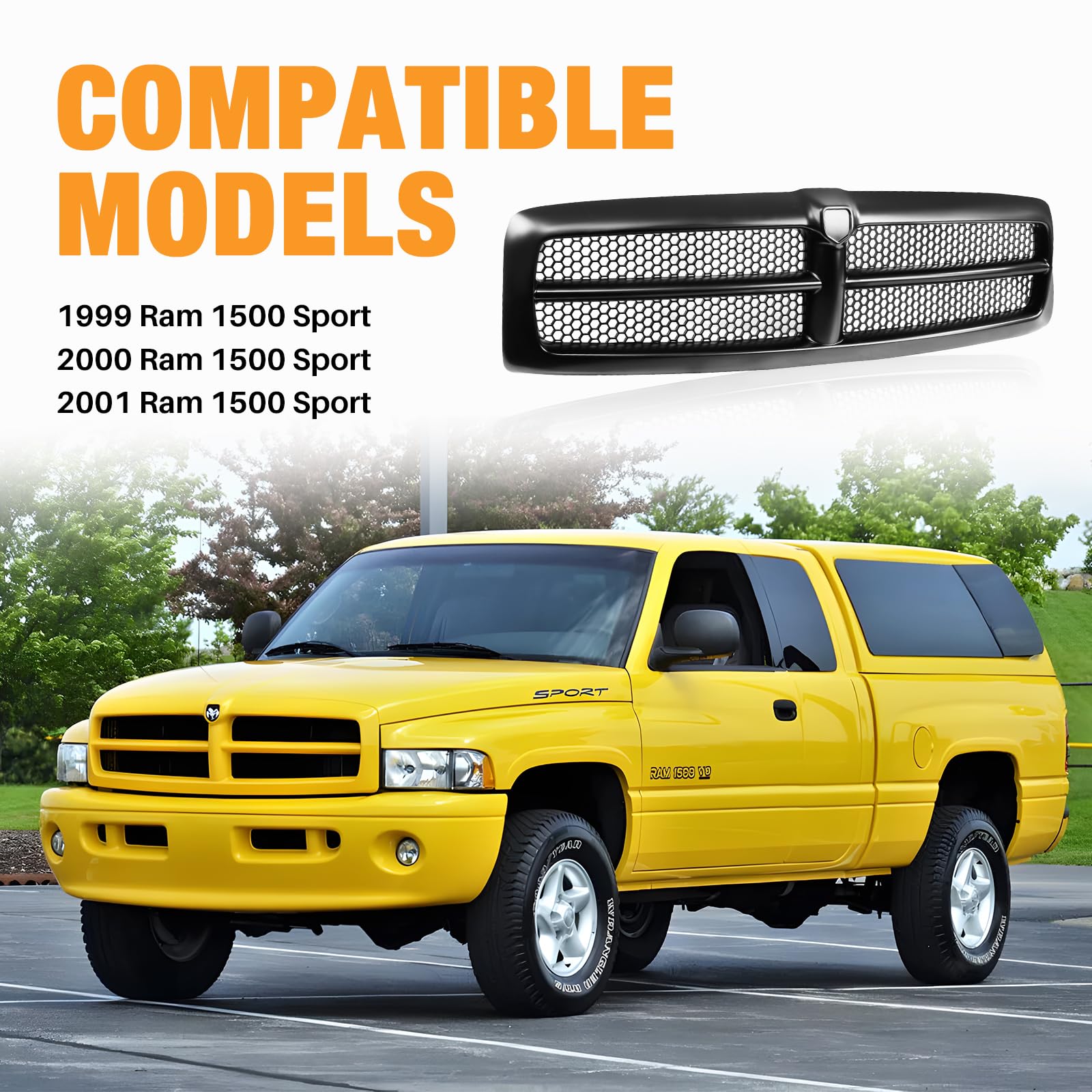 Matte Black Front Grille Assembly with Honeycomb Insert for Dodge Ram 1500/2500/3500 (1999-2002) - Compatible with Standard, Extended & Crew Cab Models - Upgrade Your Truck's Style for Off-Roading & Daily Driving