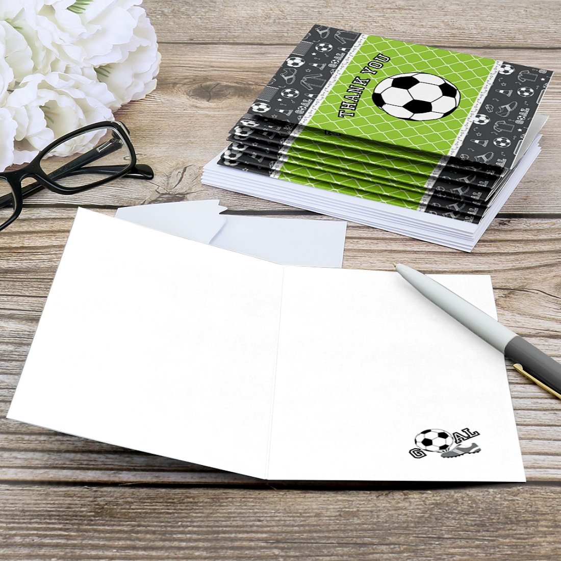 Big Dot of Happiness Goaaal - Soccer Themed Thank You Cards for Baby Showers & Birthdays (8 Count) - Perfect for Sports Lovers & Kids Parties