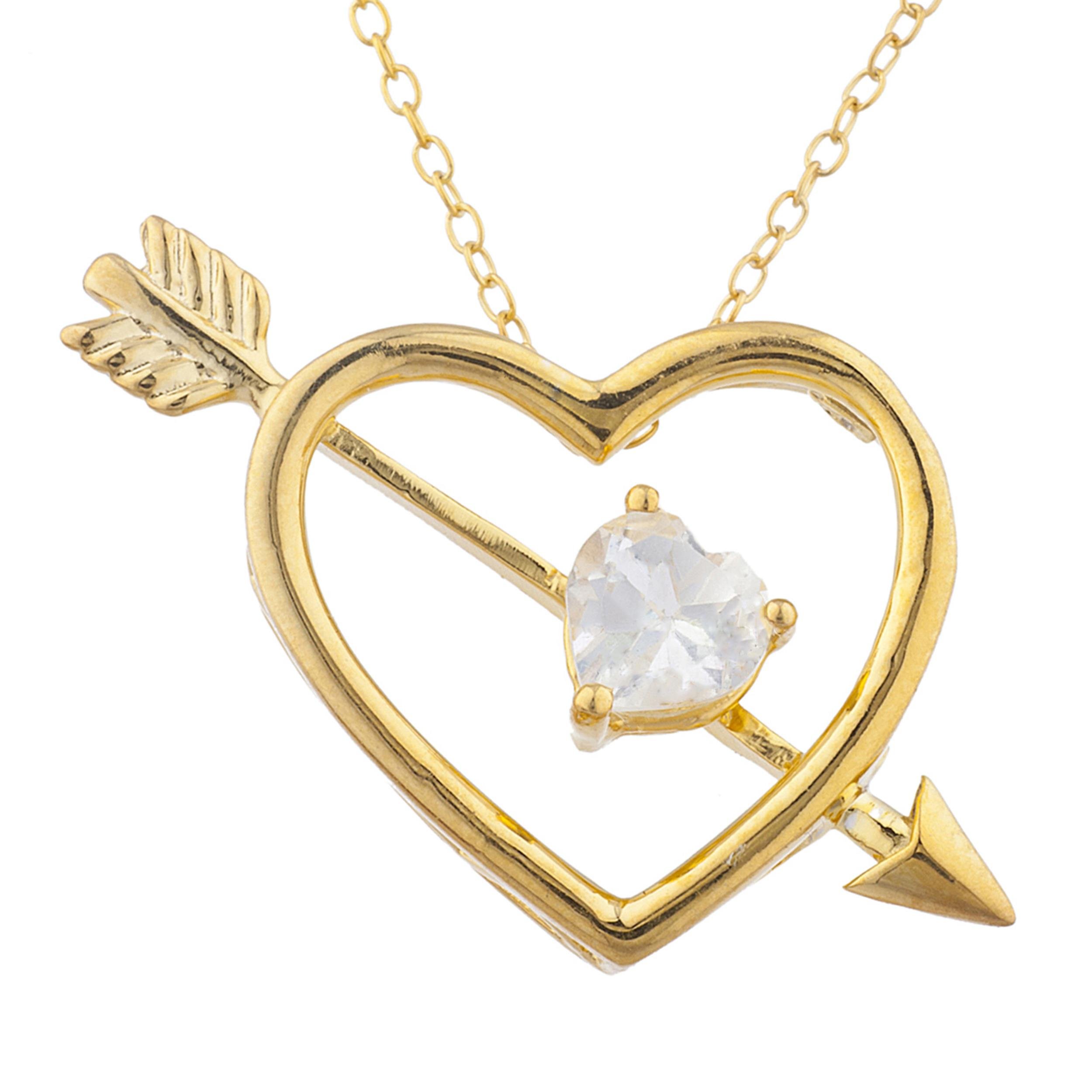 14K Gold Heart Bow & Arrow Pendant Necklace with Zirconia - Elegant Valentine's Gift for Her, Romantic Jewelry for Anniversary & Date Night