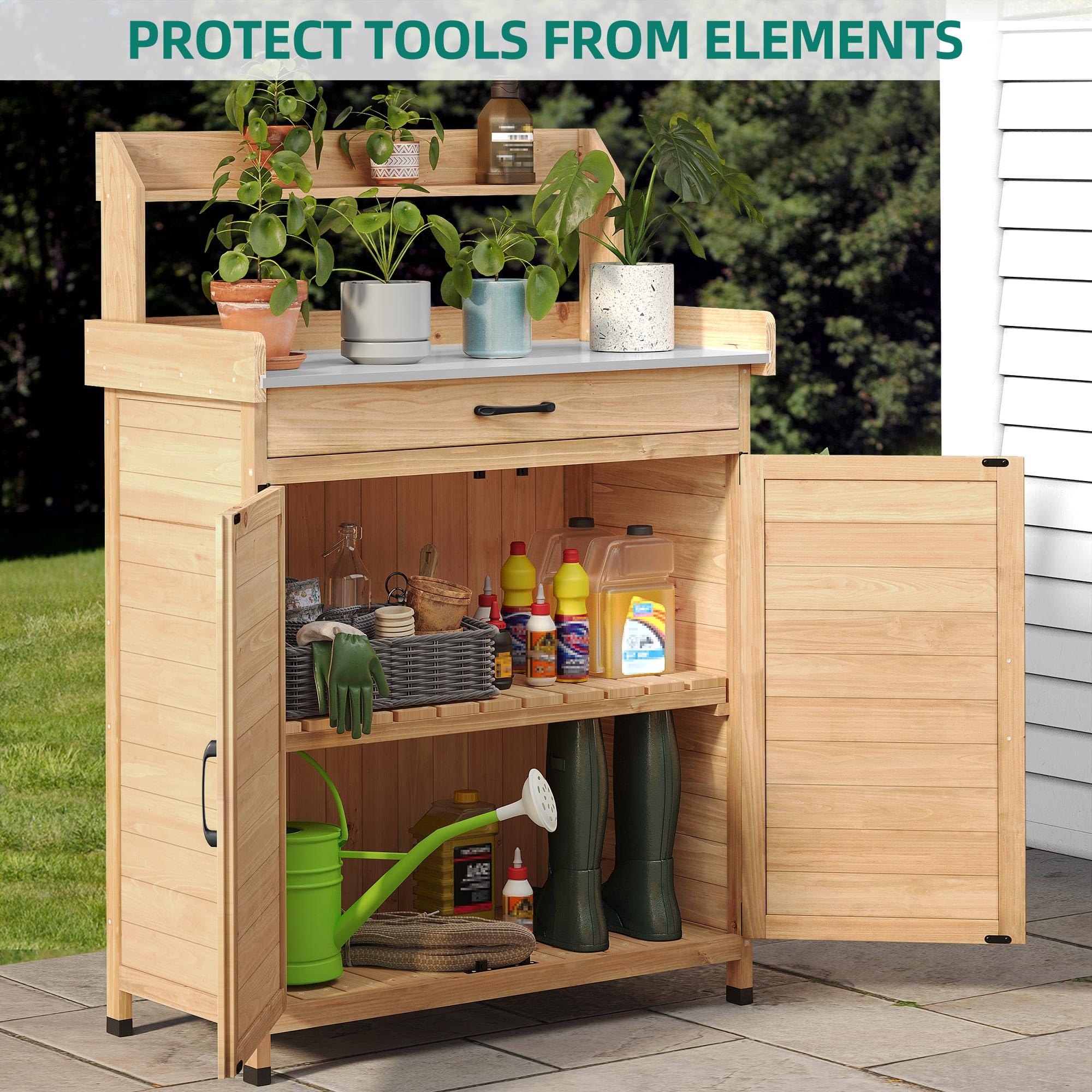 YITAHOME Solid Wood Outdoor Potting Bench with Storage Cabinet & Drawer - Rustic Garden Work Table with Galvanized Metal Top for Planting & Organizing - Perfect for Backyard Gardening, Greenhouse & Outdoor Workspace