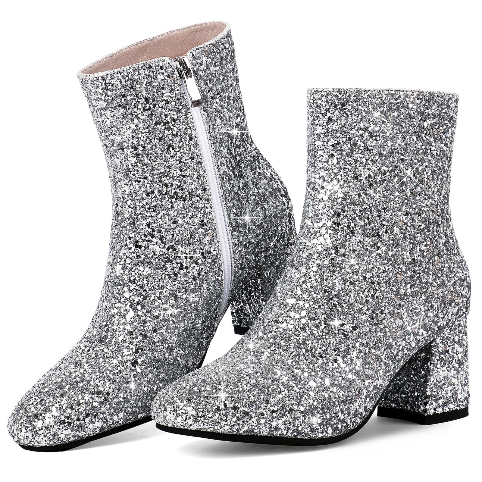 MAVMAX Women's Sequin Glitter Ankle Boots - Chunky Heel Sparkly Booties for Party, Night Out & Holiday | Comfortable Dress Shoes for Women