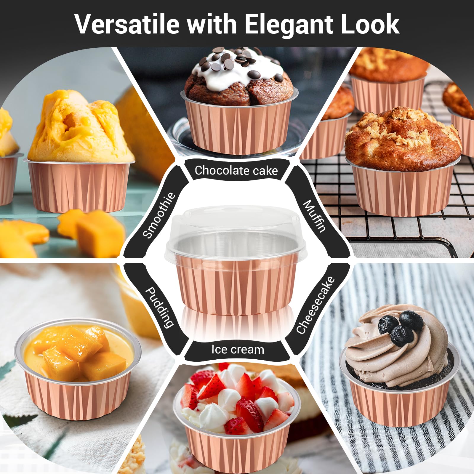 EUSOAR 100-Pack 5oz (125ml) Disposable Aluminum Foil Baking Cups with Lids - Muffin Liners, Cupcake Holders & Creme Brulee Ramekins for Perfect Baking, Party Desserts & Meal Prep