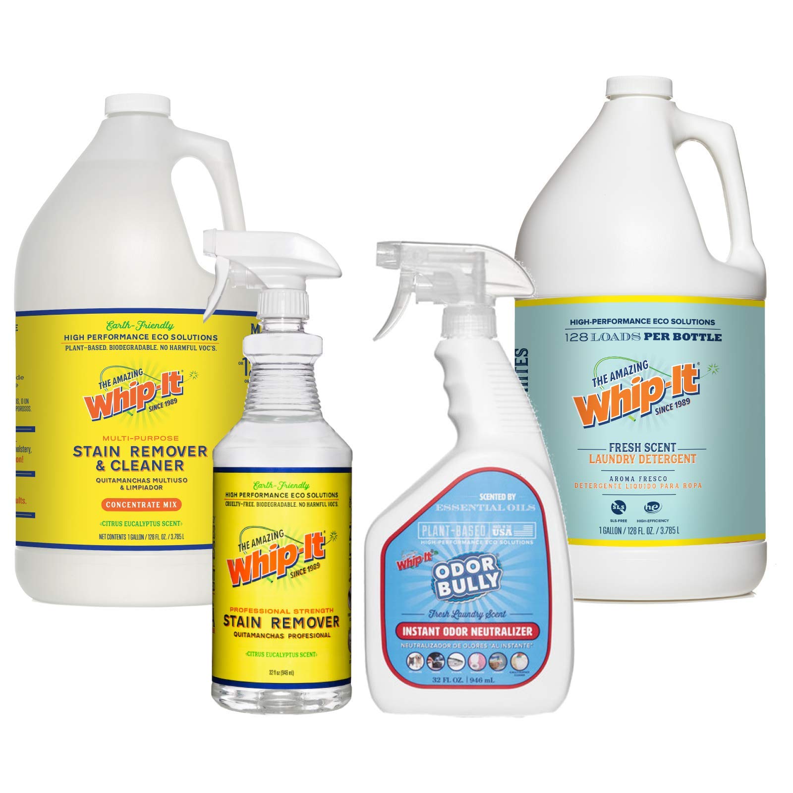 Whip-It Discovery Kit Bundle - Gallon Concentrate & Gallon Laundry Detergent with 32oz Professional Strength & 32oz Odor Eliminator (4 Items) | Powerful Cleaning Solution for Home, Laundry & Tough Stain Removal