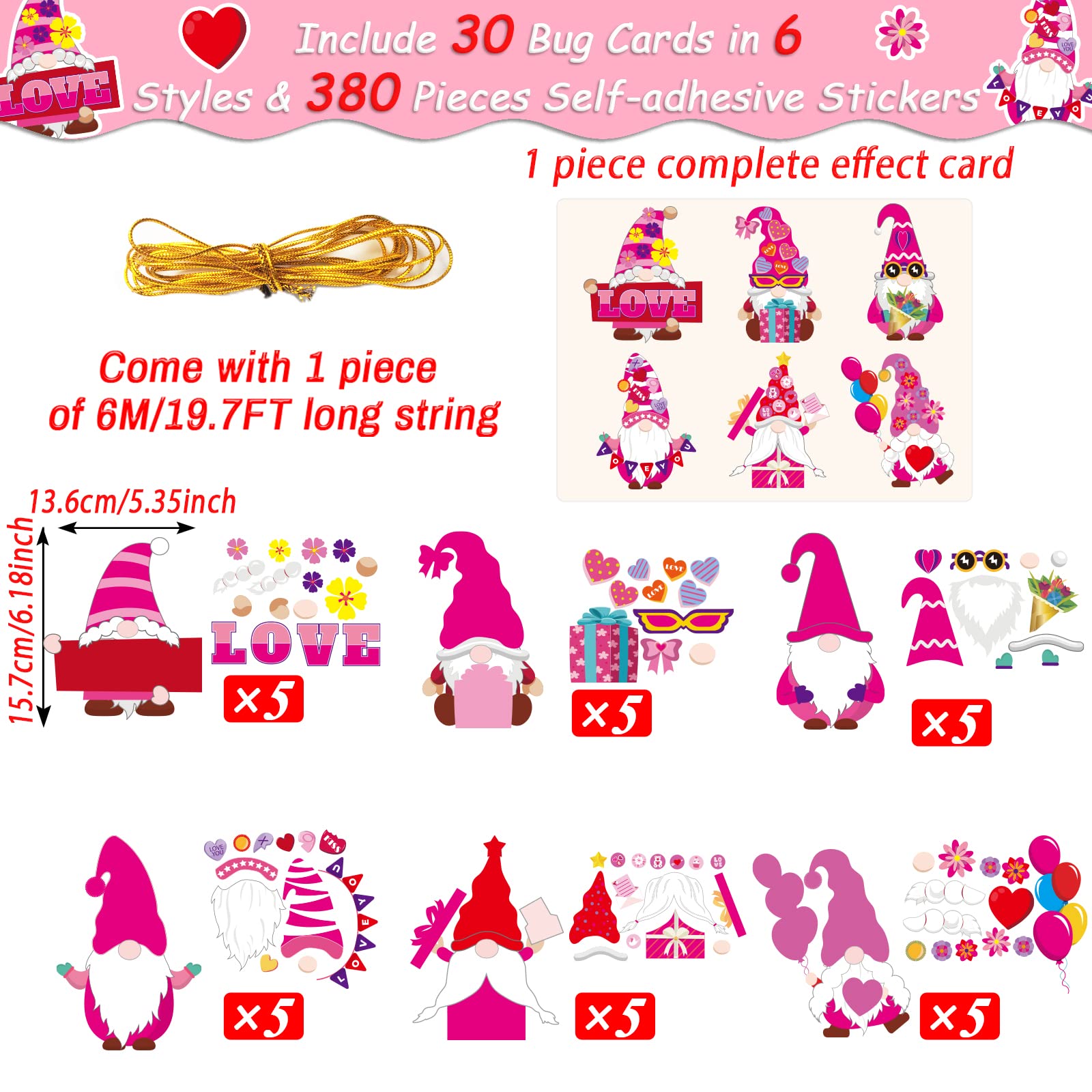 Valentine's Day Craft Kits for Kids - 30 Pack DIY Gnome Paper Art Set, Preschool Classroom Activities, Homeschool Crafts, Kindergarten Party Favors & Holiday Classroom Decorations