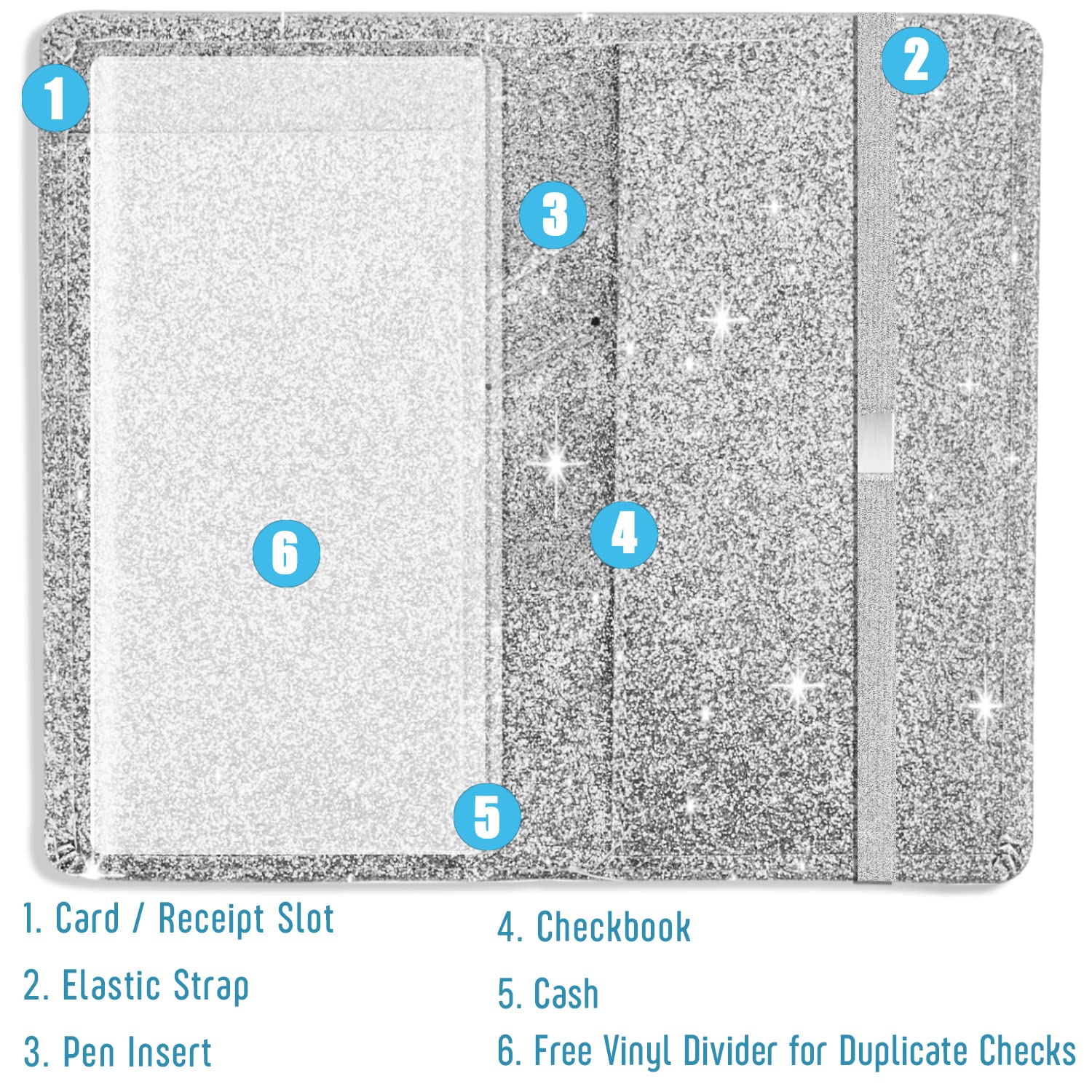 LOLOMLO Sparkling Glitter Checkbook Cover for Women & Girls - RFID Blocking PU Leather Checkbook Holder with Pen Loop & Elastic Strap - Fits Top/Side Tear Checks - Perfect for Office, Banking & Gift Giving (Silver)