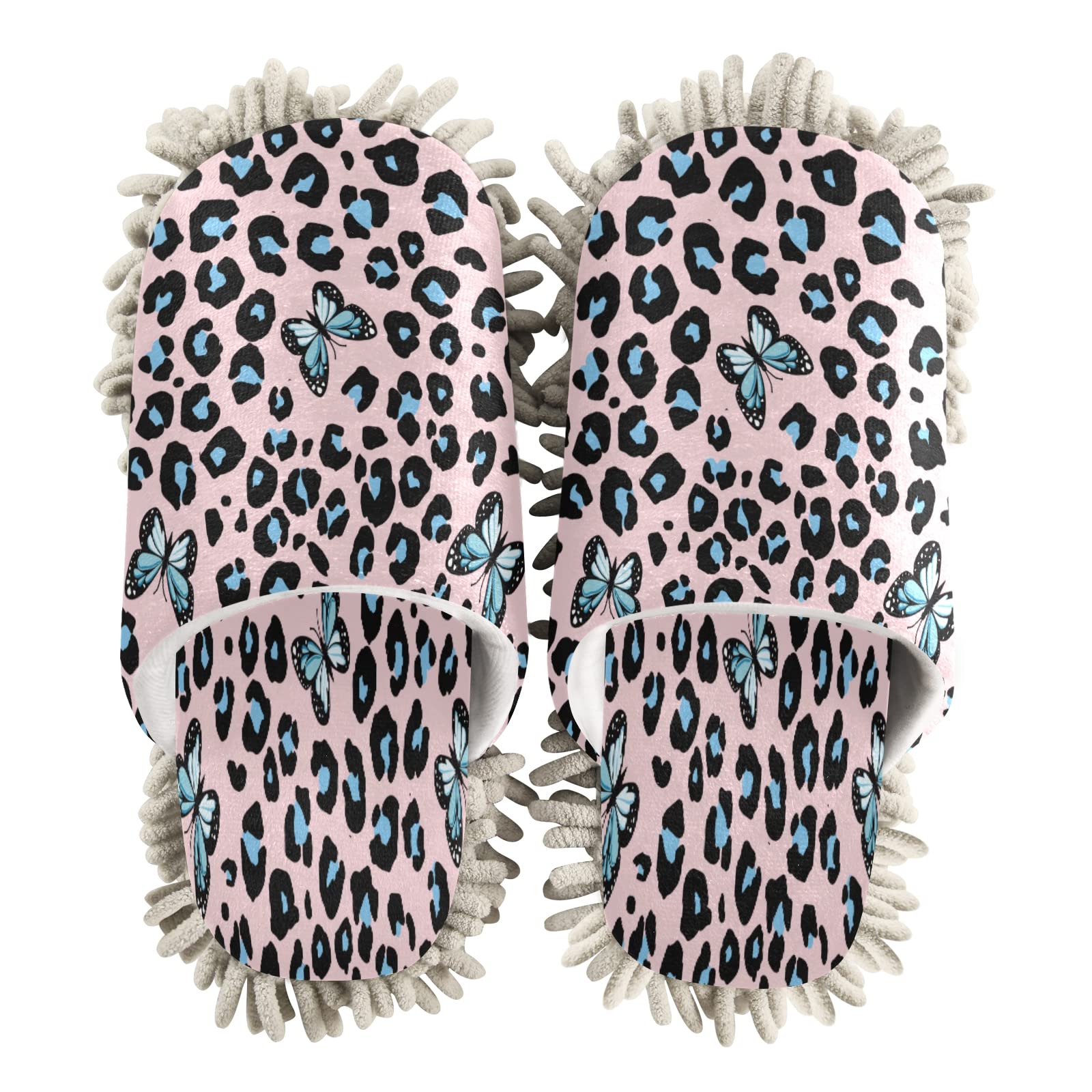 ALAZA Butterfly Leopard Cheetah Print Warm Indoor House Slippers - Unisex Fuzzy Mop Slippers for Women & Men - Cozy Home Shoes for Kitchen, Living Room, Bedroom & House Cleaning