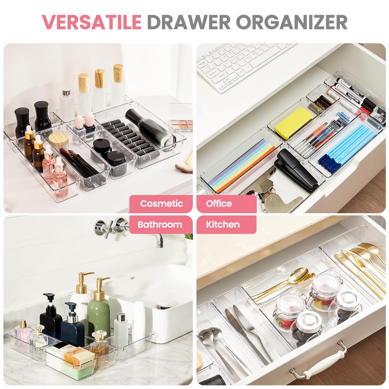 HOUSE DAY 17-Piece Clear Makeup Drawer Organizer Set with Non-Slip Silicone Pads - 4-Size Vanity Storage Trays for Cosmetics, Jewelry & Office Supplies - Perfect for Desk, Bathroom, Kitchen & Office Organization