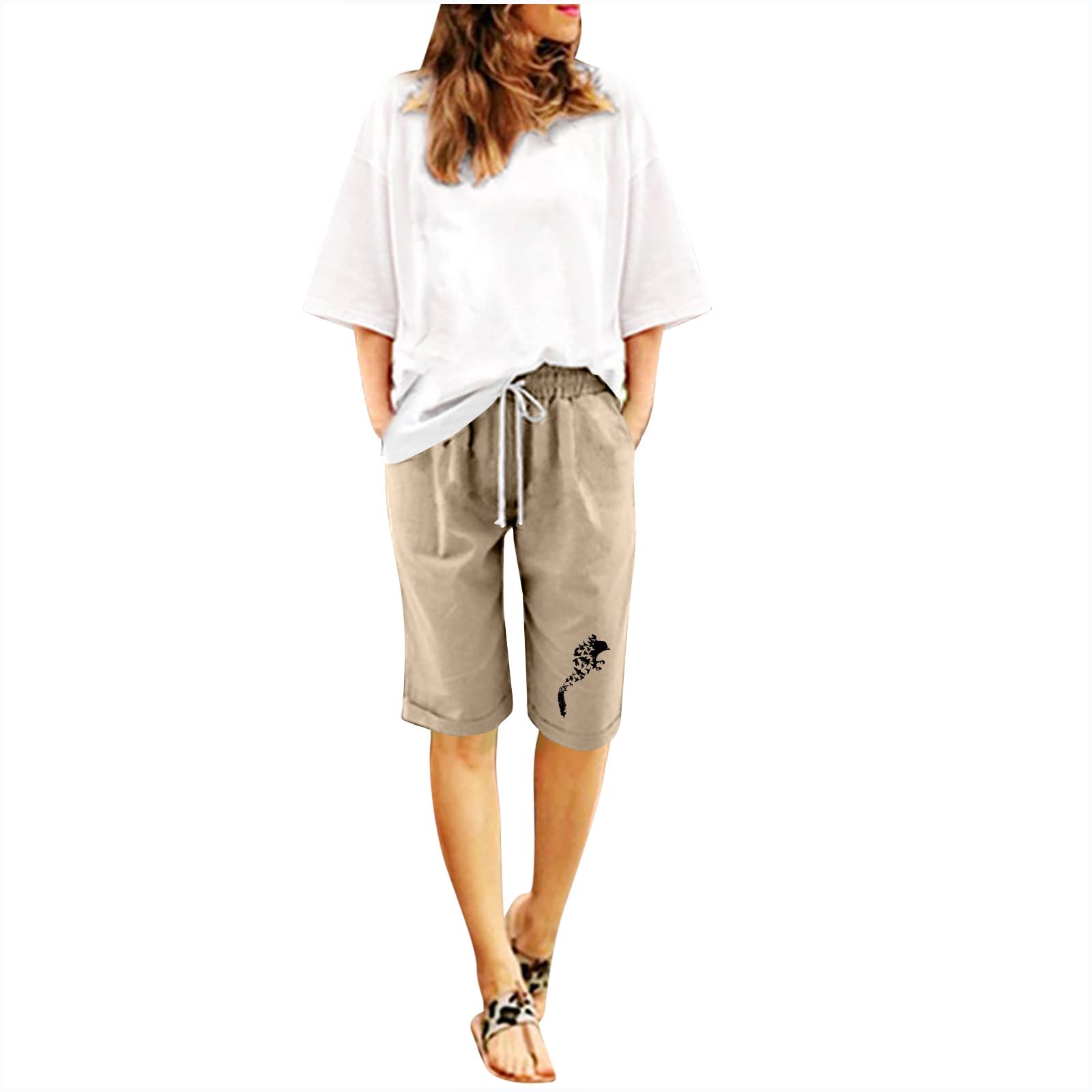 Women's Cotton Linen Bermuda Shorts with Pockets - Summer Casual Wear