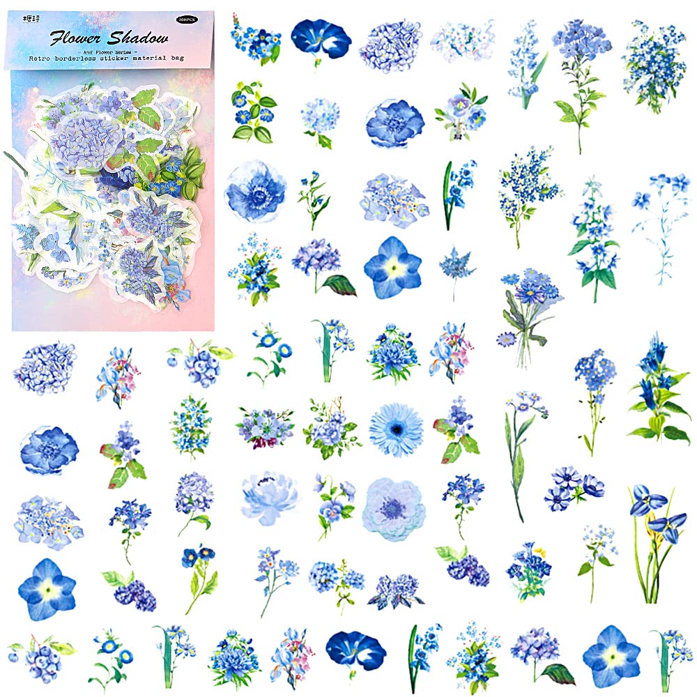 Vintage Natural Flowers Leaves Stickers - 100Pcs Floral Decorative Plant Stickers for Scrapbooking, DIY Crafts, Laptop Decals & Daily Planner - Watercolor Aesthetic Adhesive Stickers (Blue) | Perfect for Journaling, Home Decor, Gift Wrapping & Stationery Projects